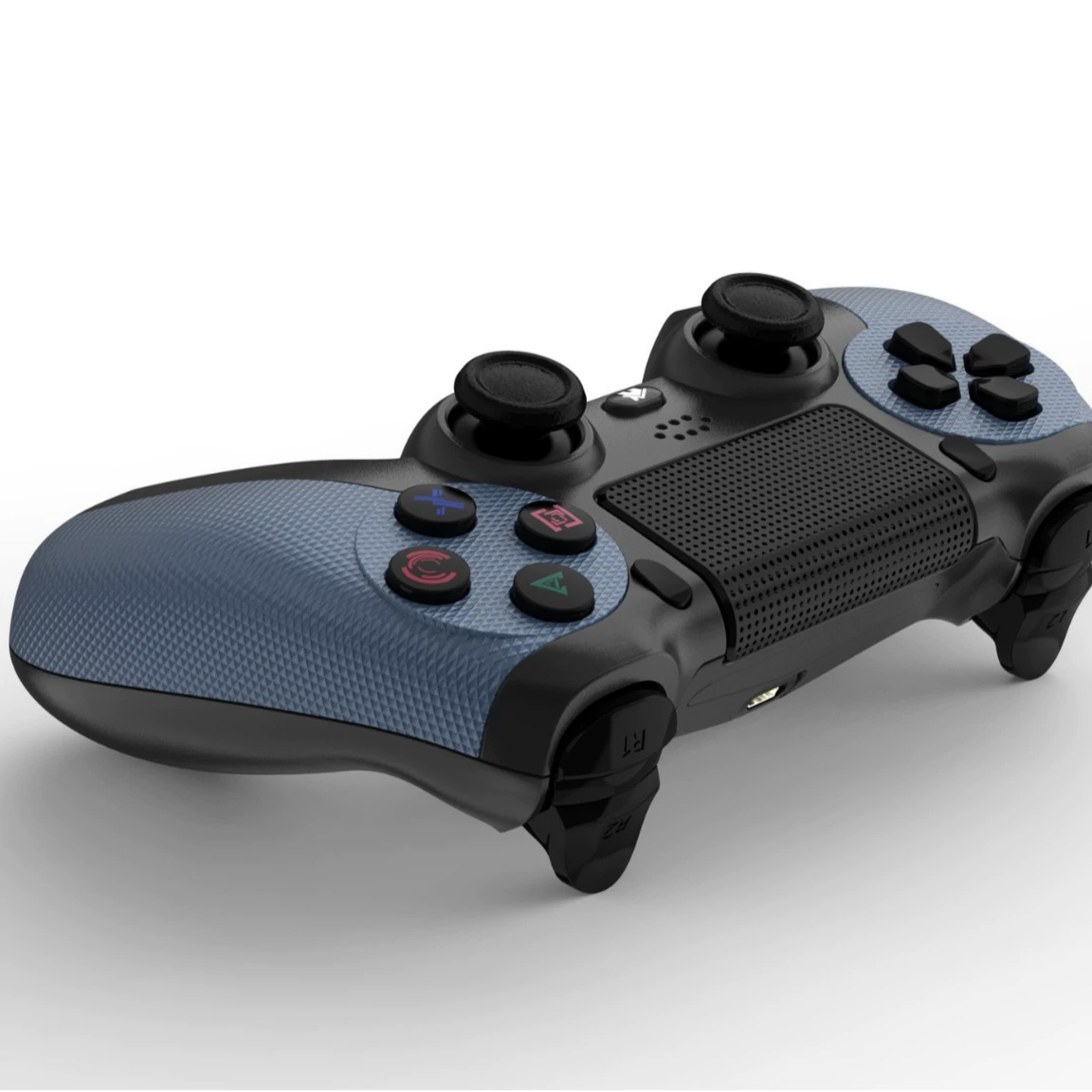 Ein schwarz-blauer Videospielcontroller auf weißem Hintergrund, leicht angewinkelt, um Tasten und Joysticks zu zeigen.