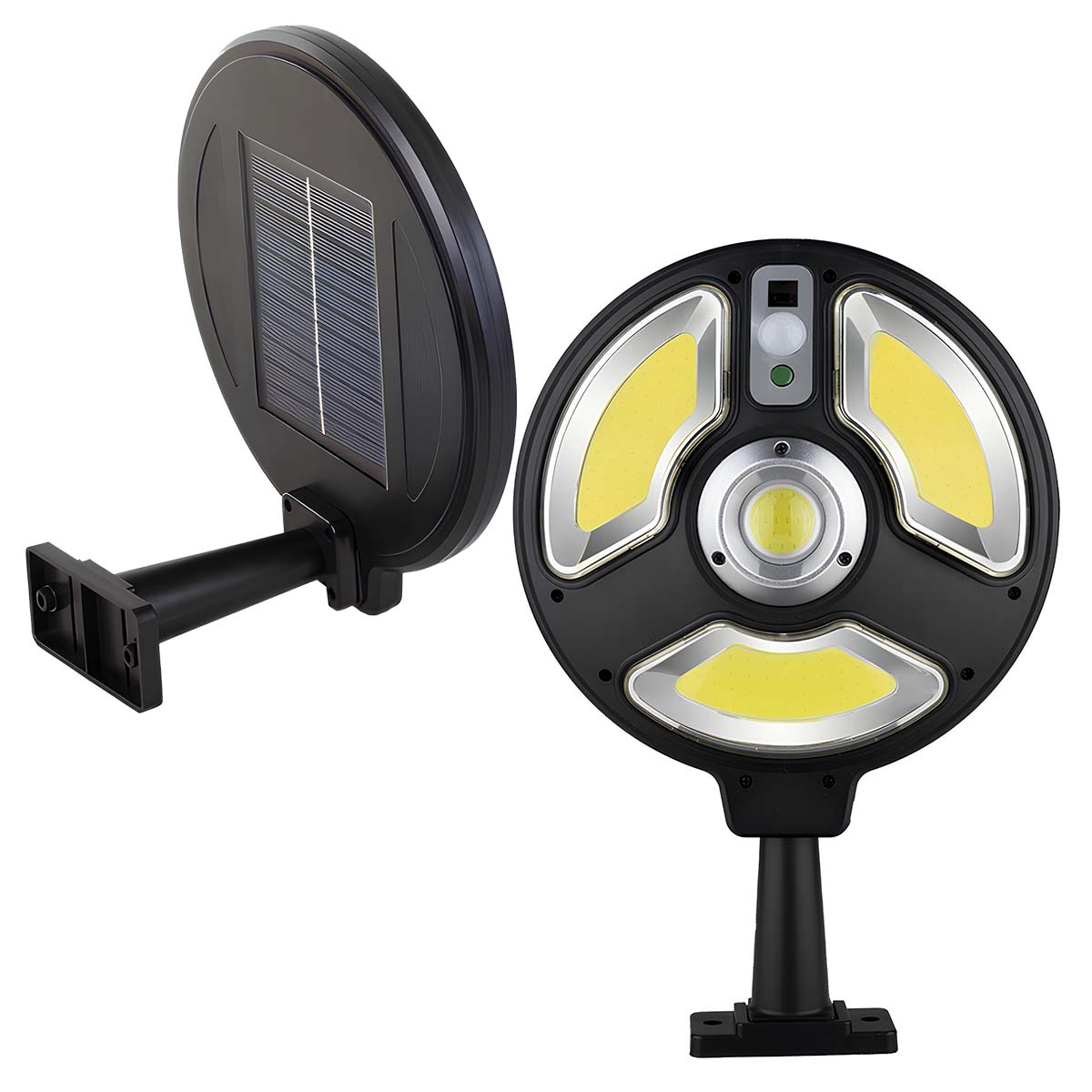 Runde schwarze Solar-Wandleuchte mit drei LED-Flächen, Bewegungssensor und integriertem Solarpanel auf der Rückseite.