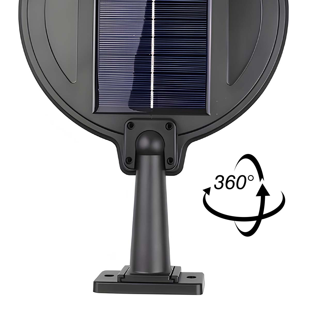 Ein schwarzes Solarmodul mit Halterung und 360-Grad-Drehsymbol.
