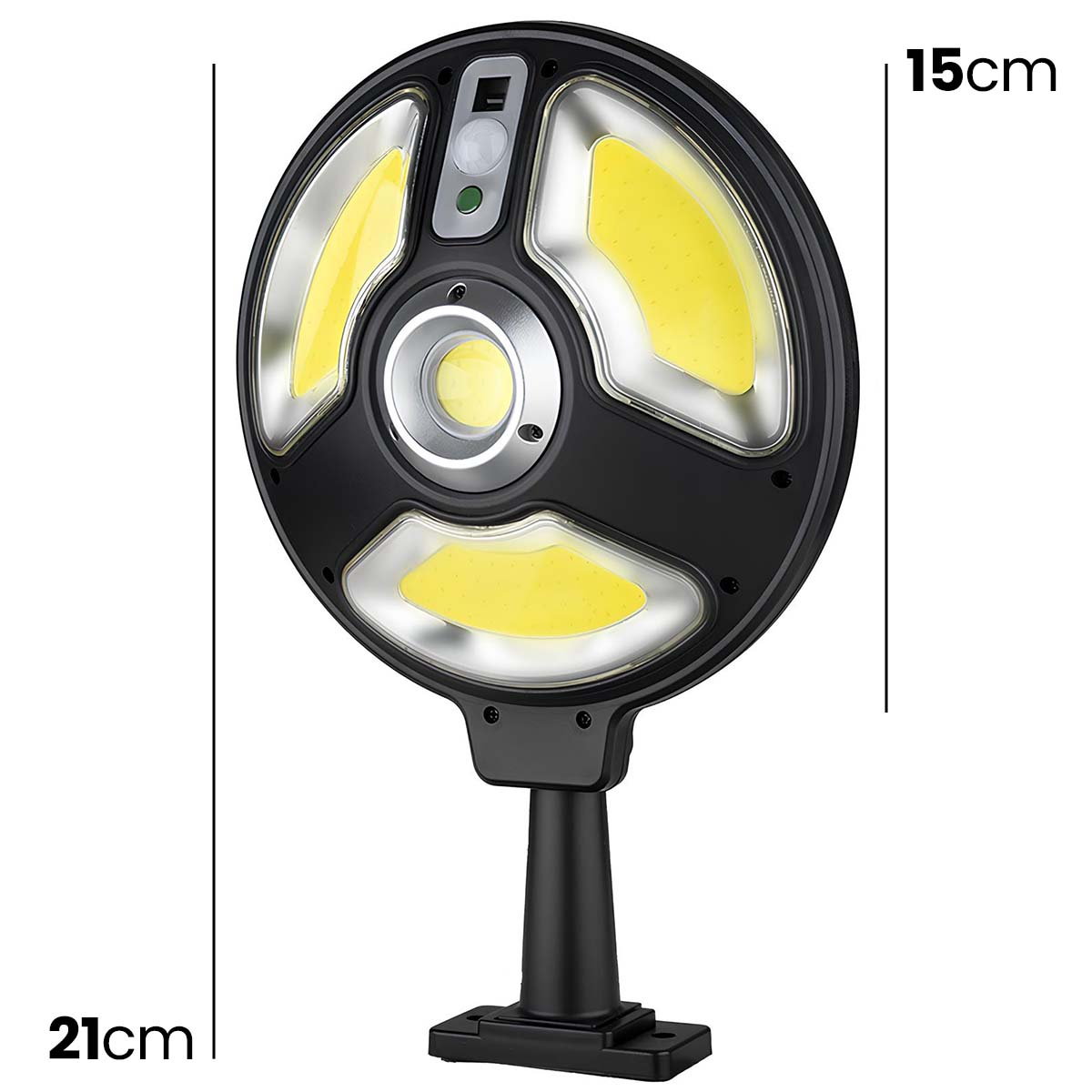 Runde schwarze Solar-Wandleuchte mit drei LED-Feldern, einem Sensor und Maßangaben in cm.