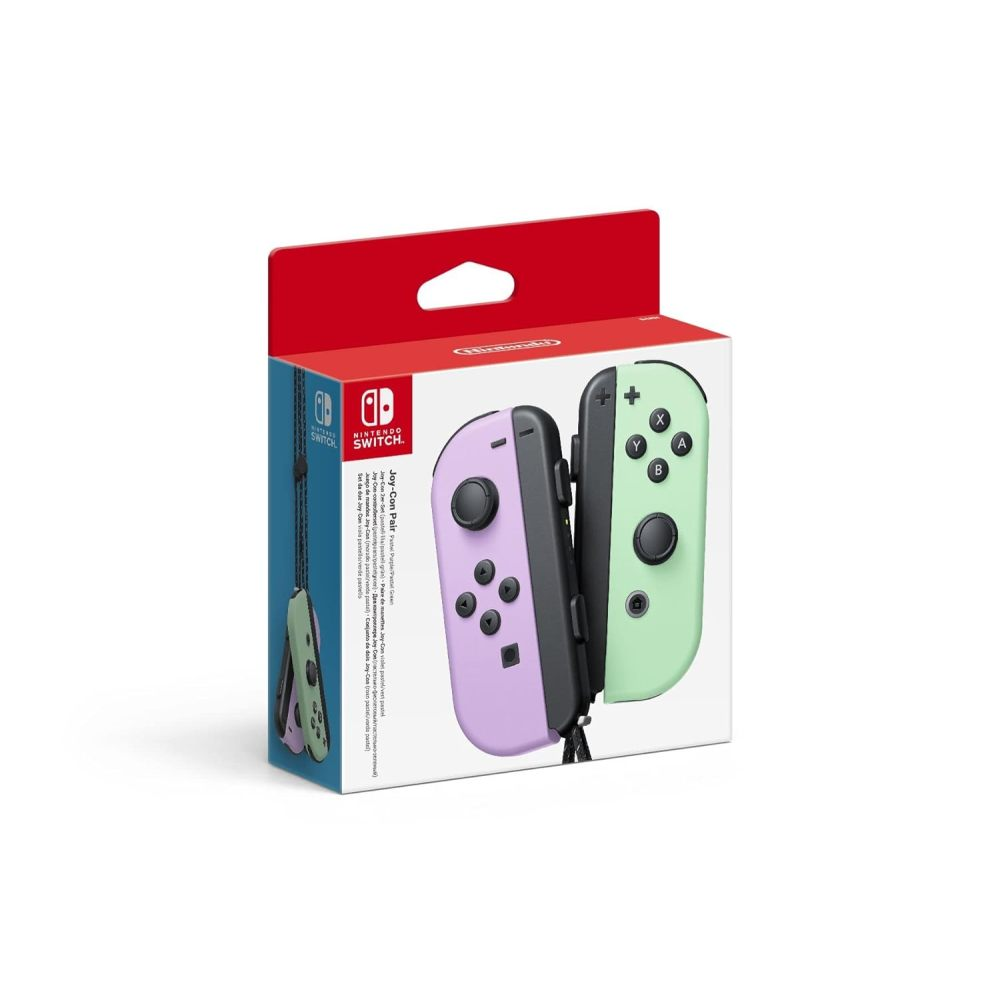 Nintendo Switch Joy-Con-Paar in Pastellviolett und Pastellgrün in der Produktverpackung.