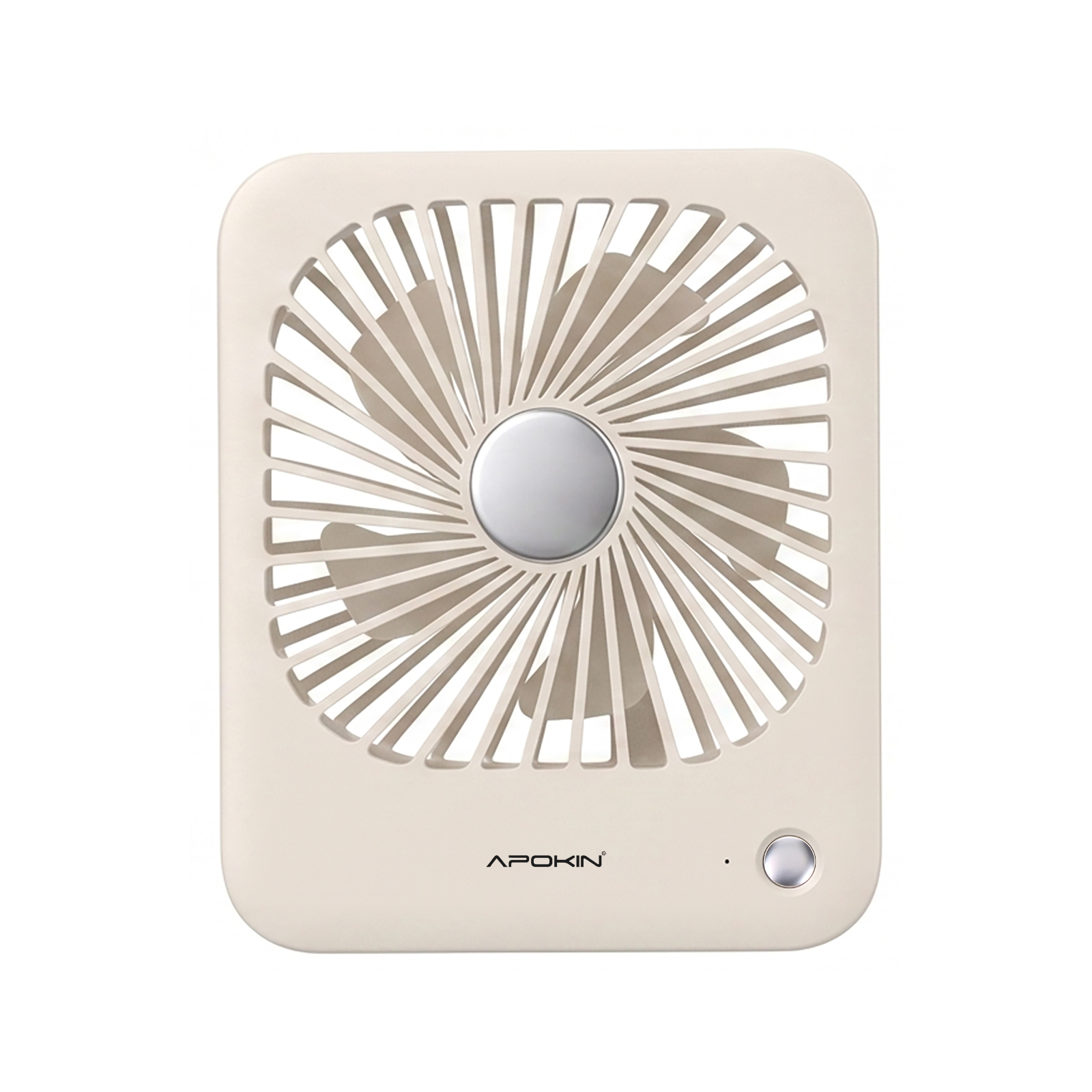 Ein beiger, quadratischer Tischventilator mit runder silberner Mitte und einem kleinen Netzschalter auf weißem Hintergrund.