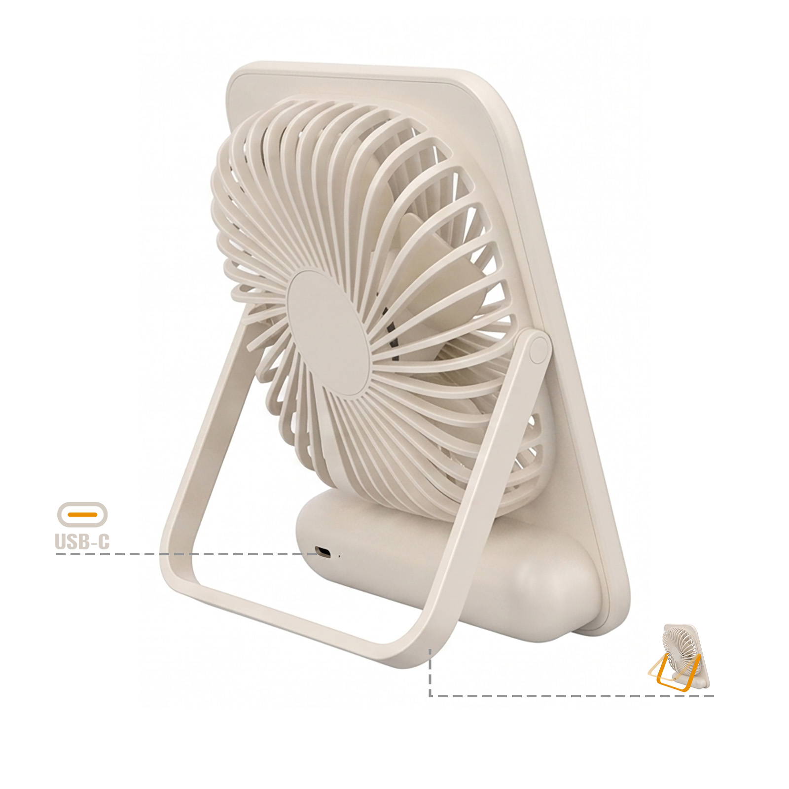 Ein beiger Tischventilator mit USB-C-Anschluss steht auf einem weißen Hintergrund.