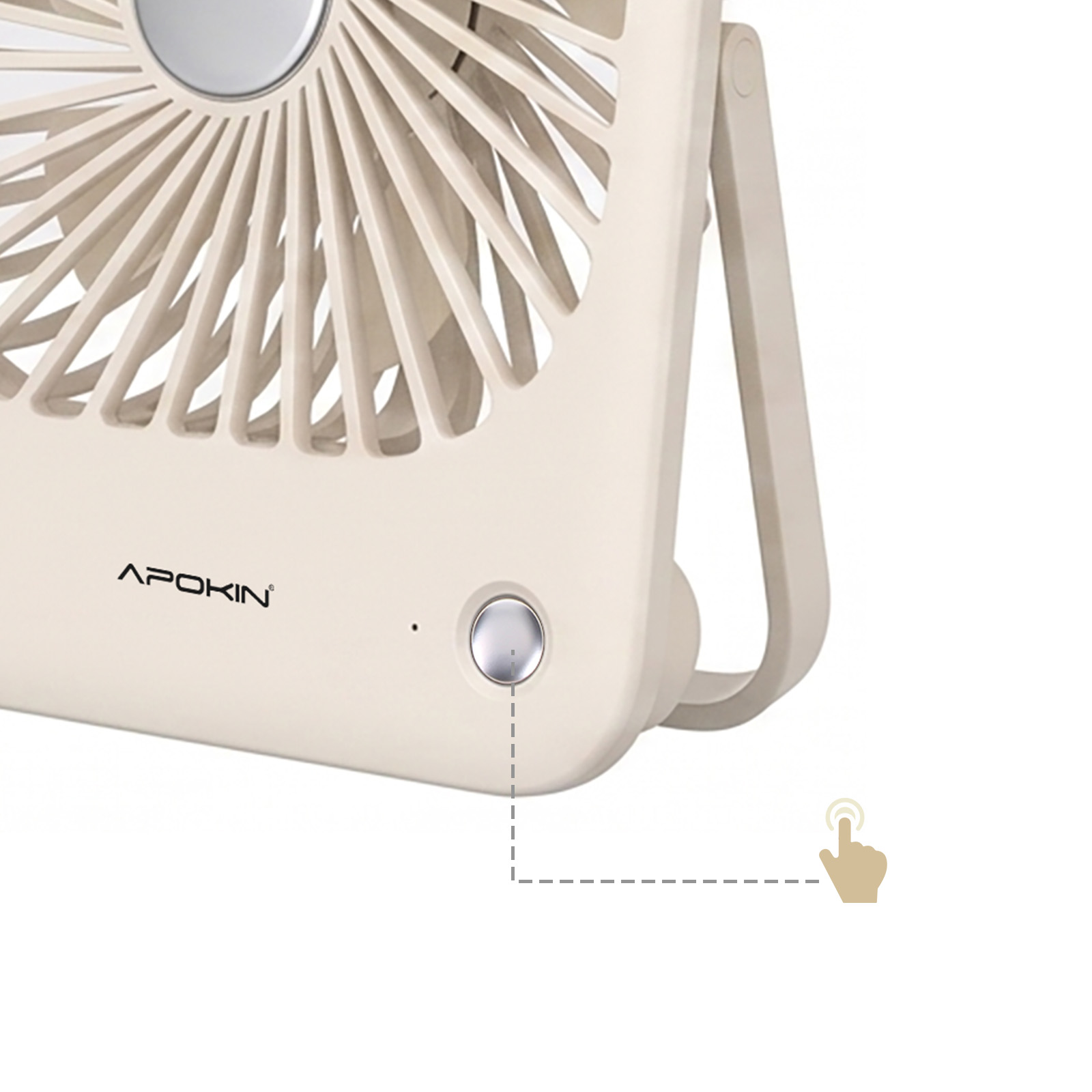 Ein beiger Tischventilator mit runden Tasten und dem Markennamen APOKIN.