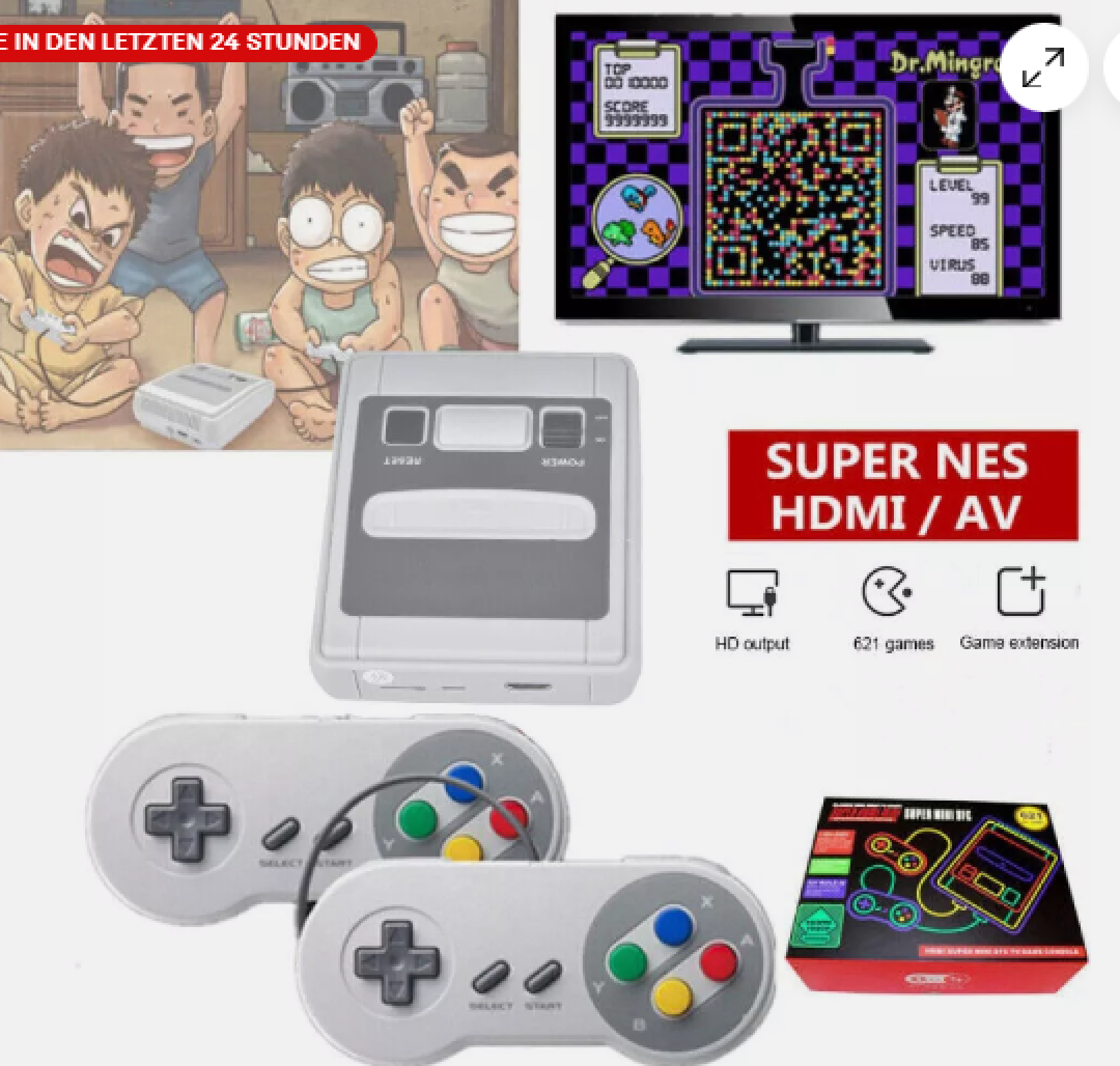 Retro Super NES HDMI-Spielkonsole mit zwei Controllern, TV-Bildschirm und Verpackung.