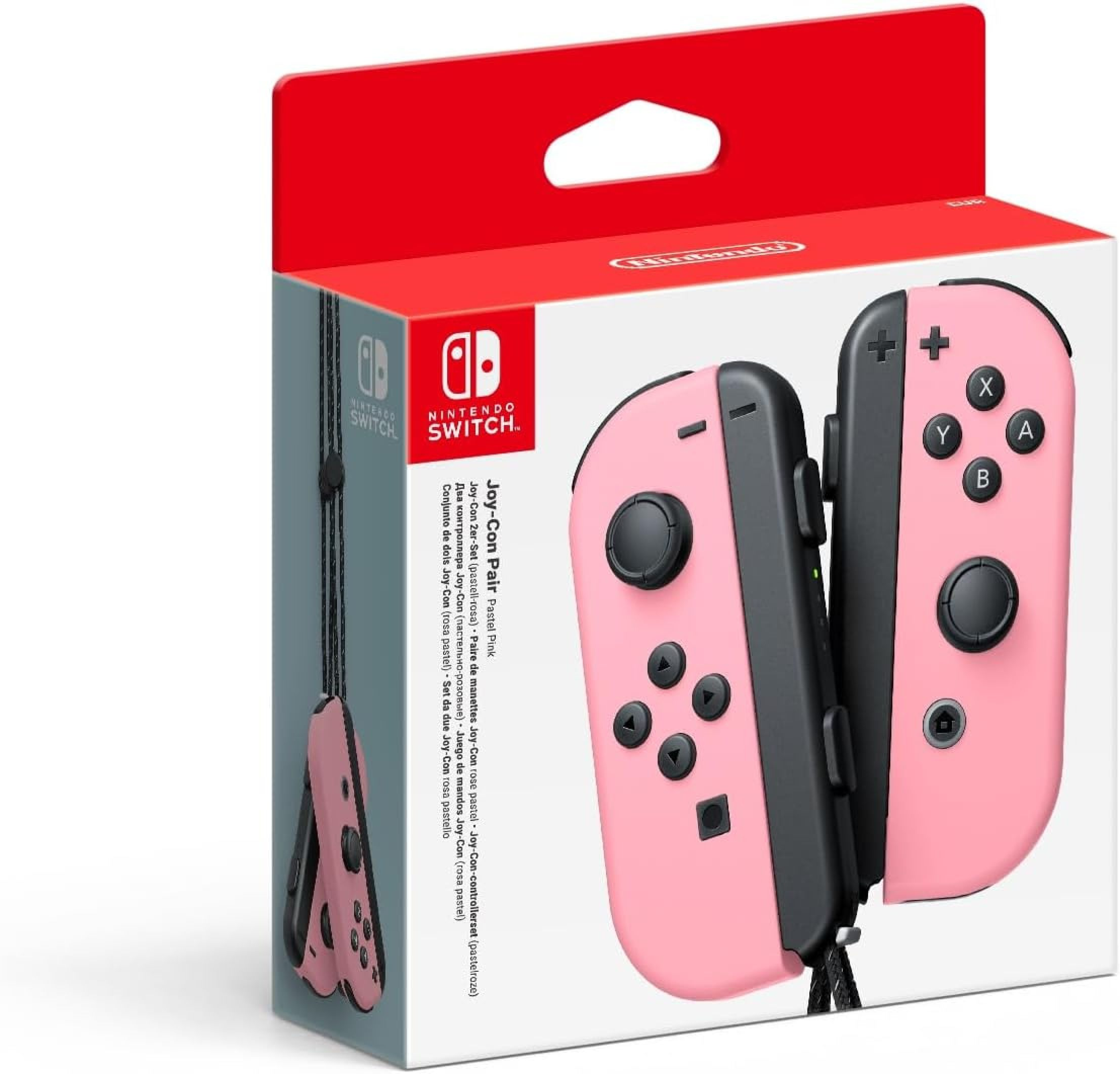Verpackung von rosafarbenen Nintendo Switch Joy-Con Controllern auf weißem Hintergrund.