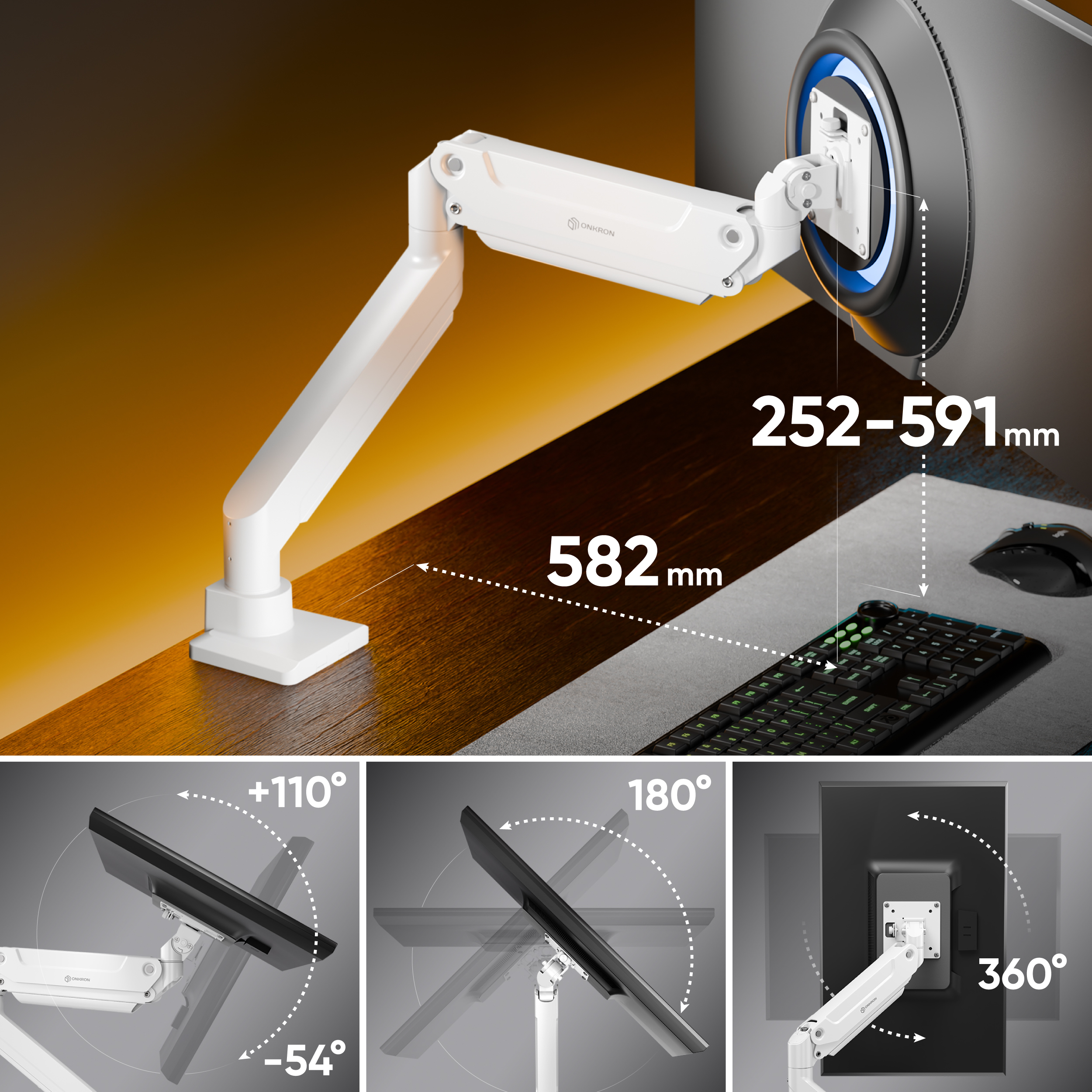 Braccio per monitor bianco su scrivania con dimensioni e tre regolazioni d'angolo.