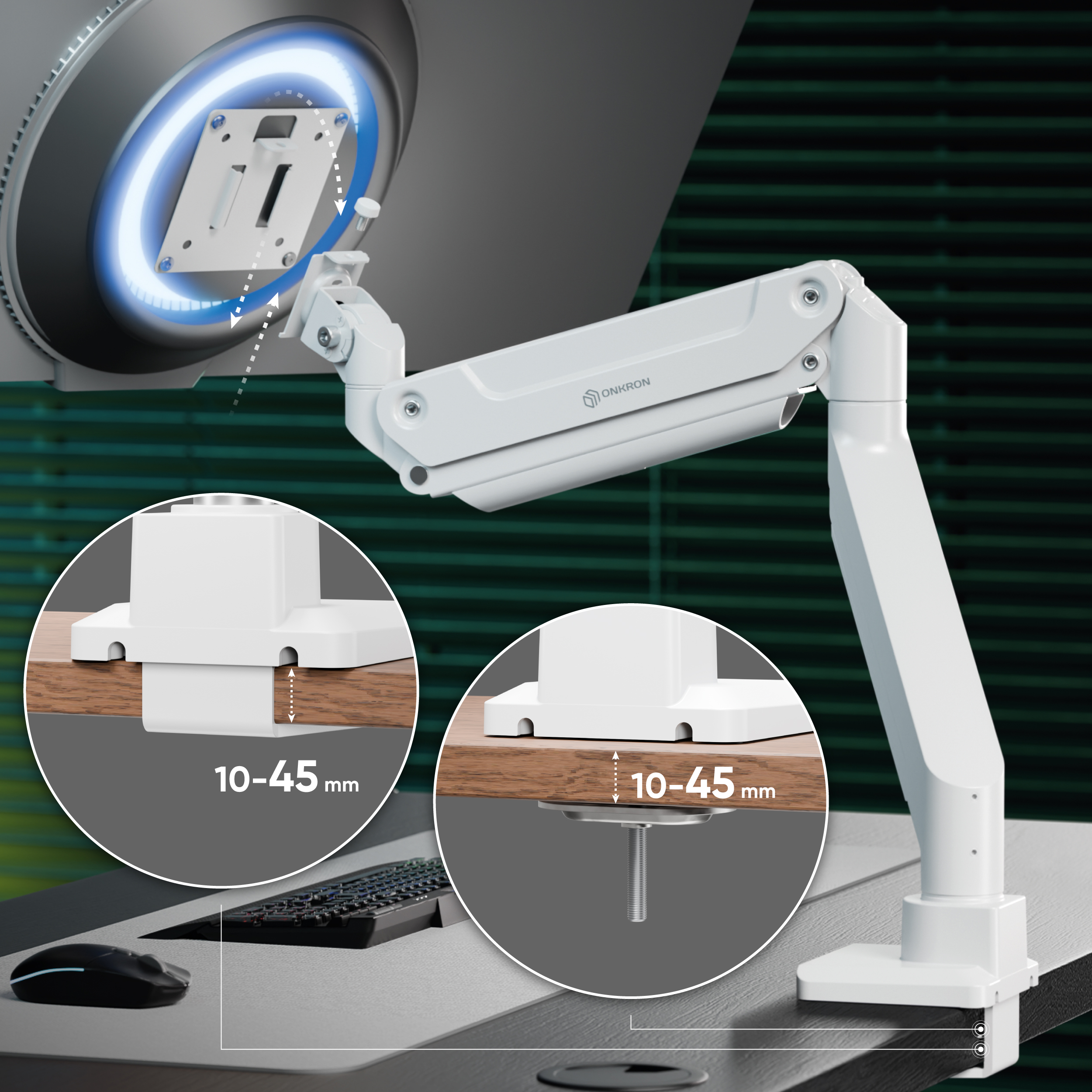 Braccio per monitor bianco fissato a una scrivania in legno, con spessori di 10-45 mm in due riquadri circolari.