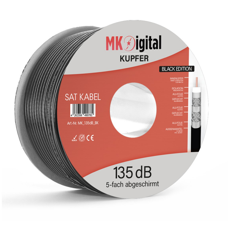 Eine Spule mit schwarzem MK Digital SAT-Kabel auf weißem Hintergrund.