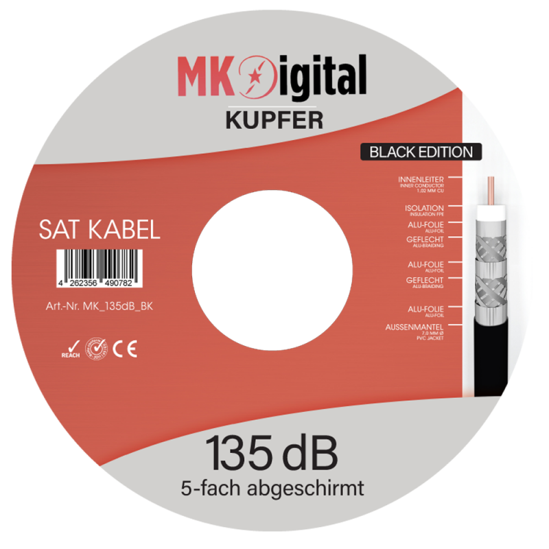 MK Digital Sat-Kabel Verpackung mit Kabelleistungsdiagramm, Barcode und 135 dB Angabe.