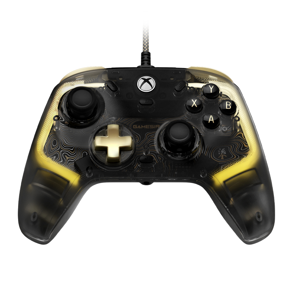 Controller Xbox nero trasparente con dettagli dorati e motivi stampati.
