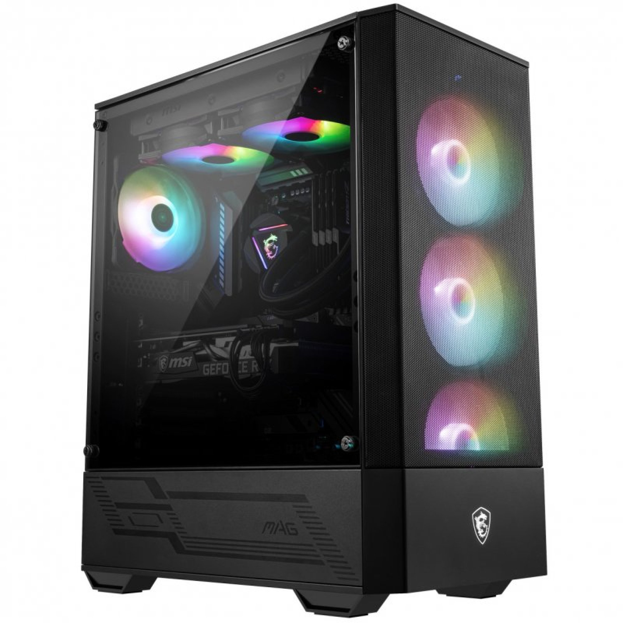 Zwarte gaming-pc-toren met gloeiende RGB-ventilatoren, een transparant zijpaneel en interne componenten.