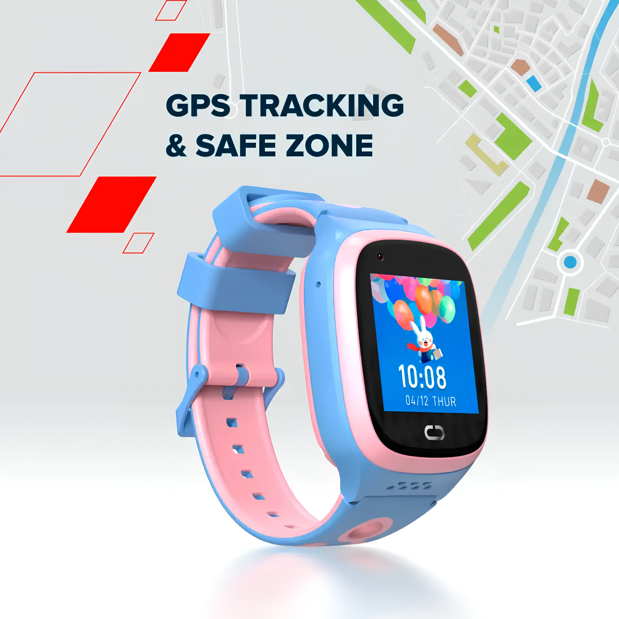 Uno smartwatch per bambini blu e rosa con tracciamento GPS e sfondo di mappa.