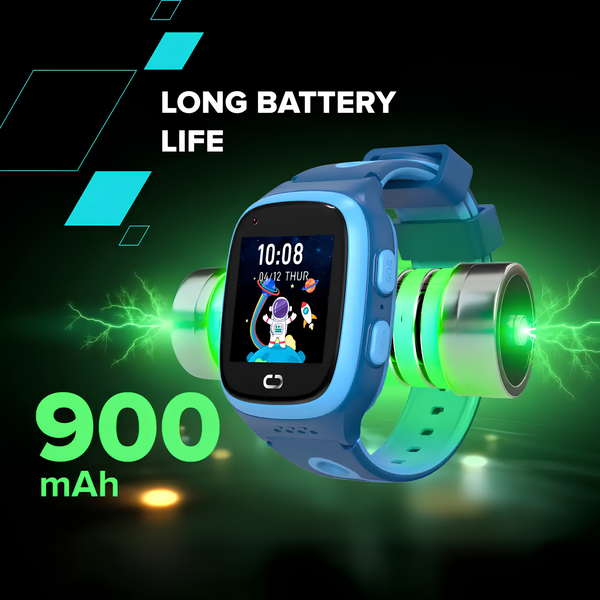 Smartwatch blu per bambini con batteria da 900 mAh, circondato da energia elettrica verde su sfondo nero.