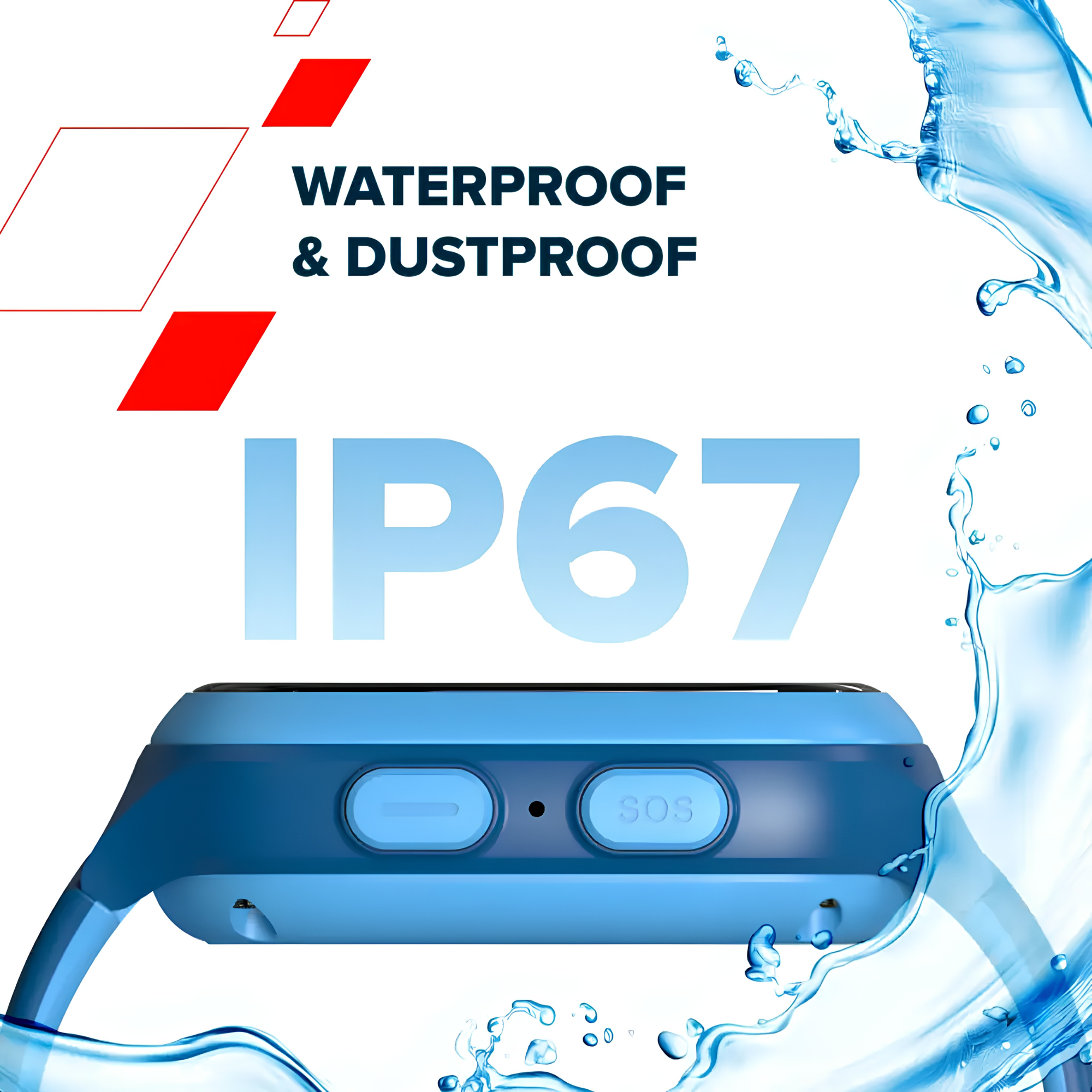 Smartwatch IP67 impermeabile con tasti blu, circondato da acqua.