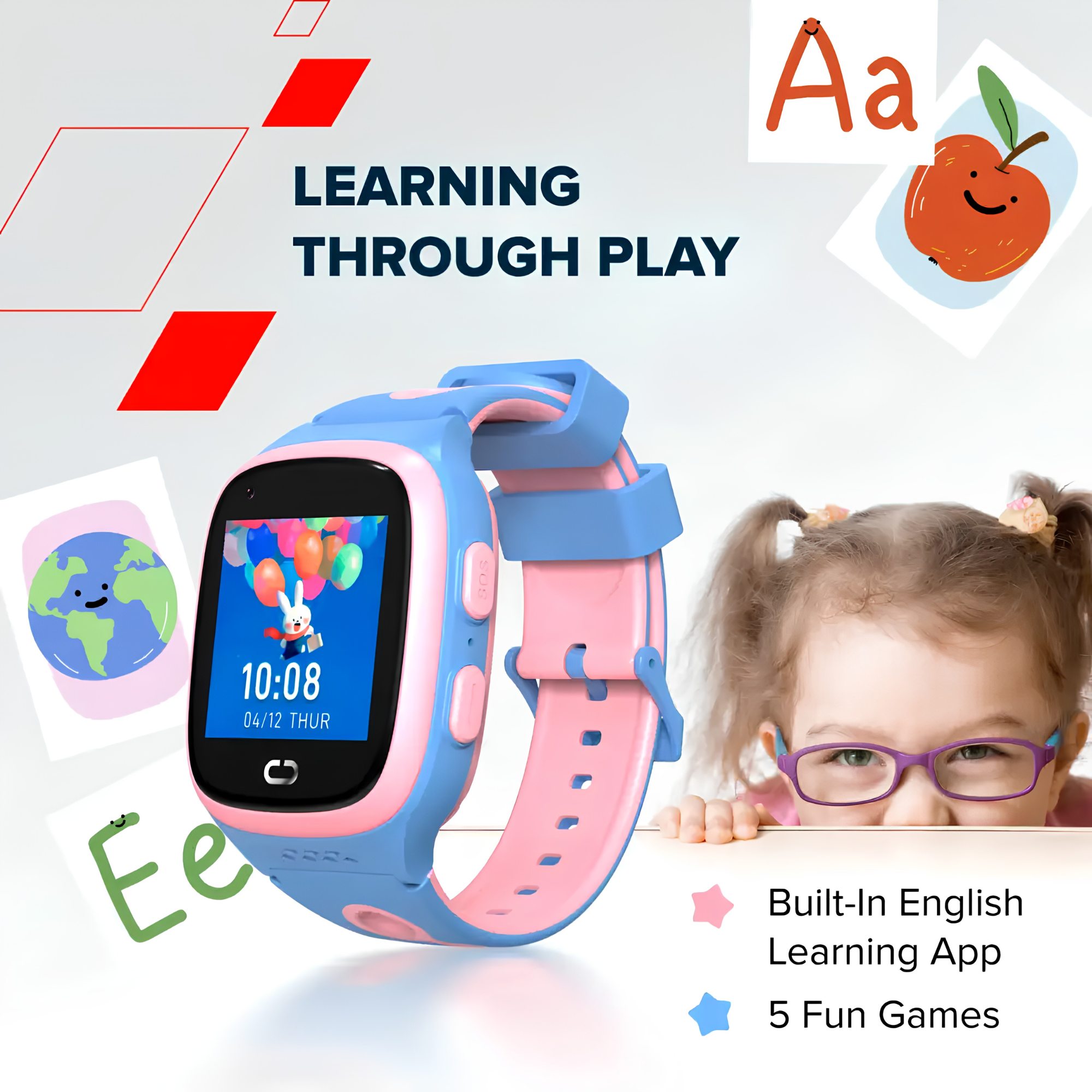 Smartwatch per bambini blu e rosa con una bambina sorridente e icone educative.