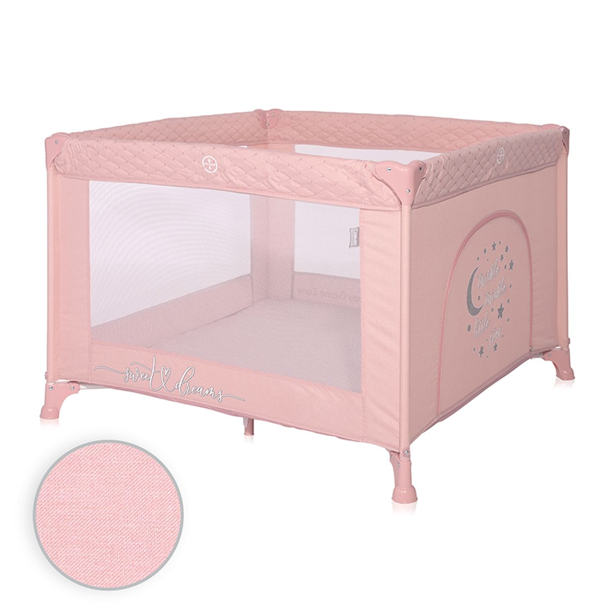 Ein rosafarbenes Baby-Reisebett mit Mesh-Seitenwänden und einer Detailansicht des Stoffes unten links.