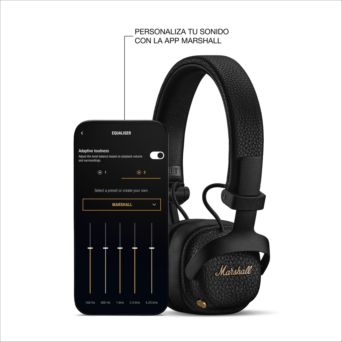 Cuffie nere Marshall accanto a uno smartphone con un'app equalizer per regolare il suono.