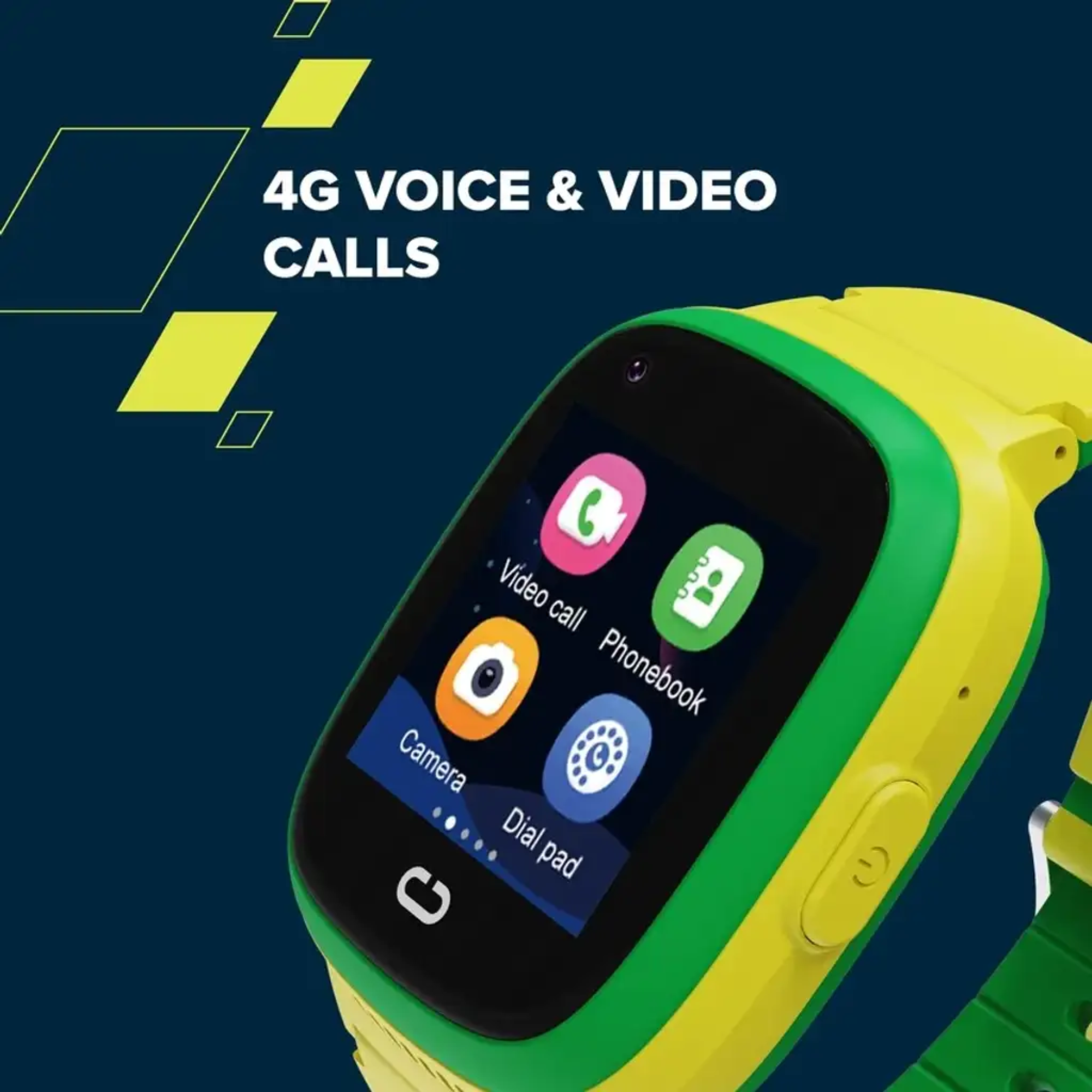 Smartwatch verde per bambini mostra app per videochiamate, fotocamera e rubrica su sfondo blu scuro.