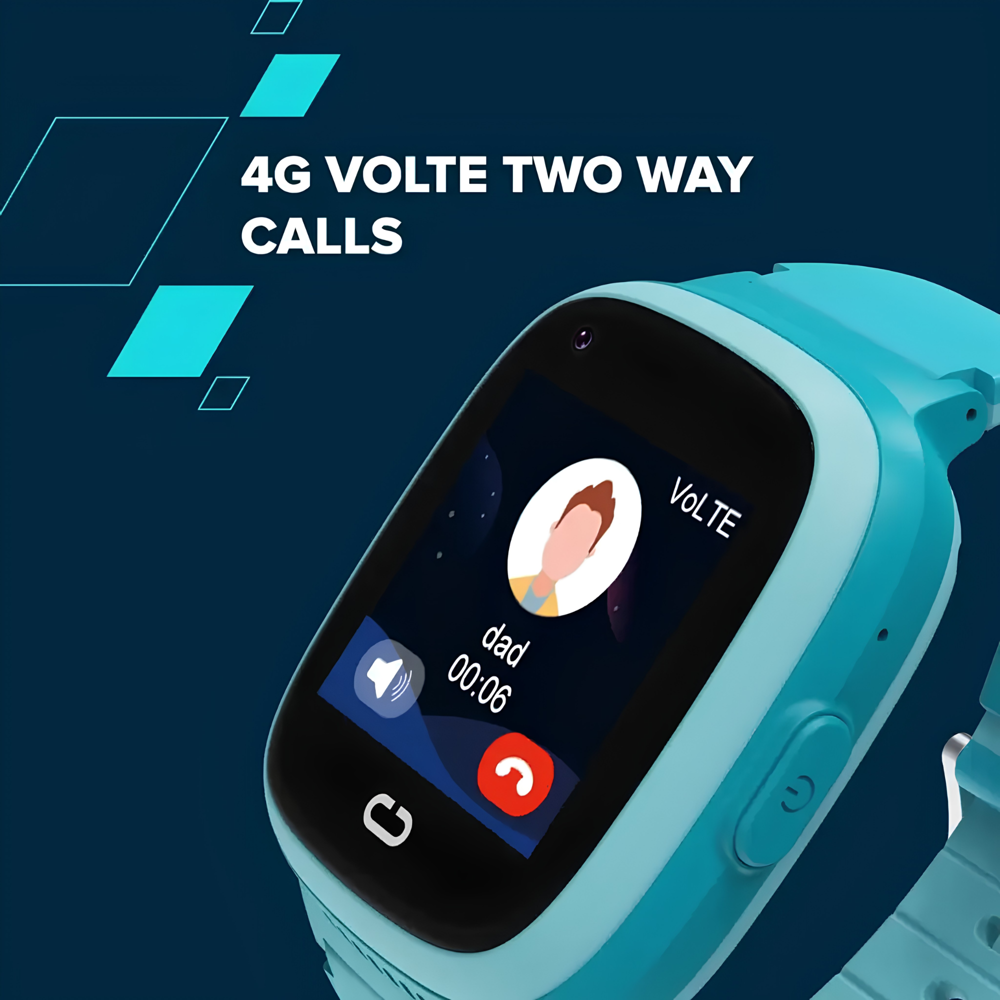 Uno smartwatch blu per bambini mostra una chiamata attiva con VoLTE, su sfondo scuro.