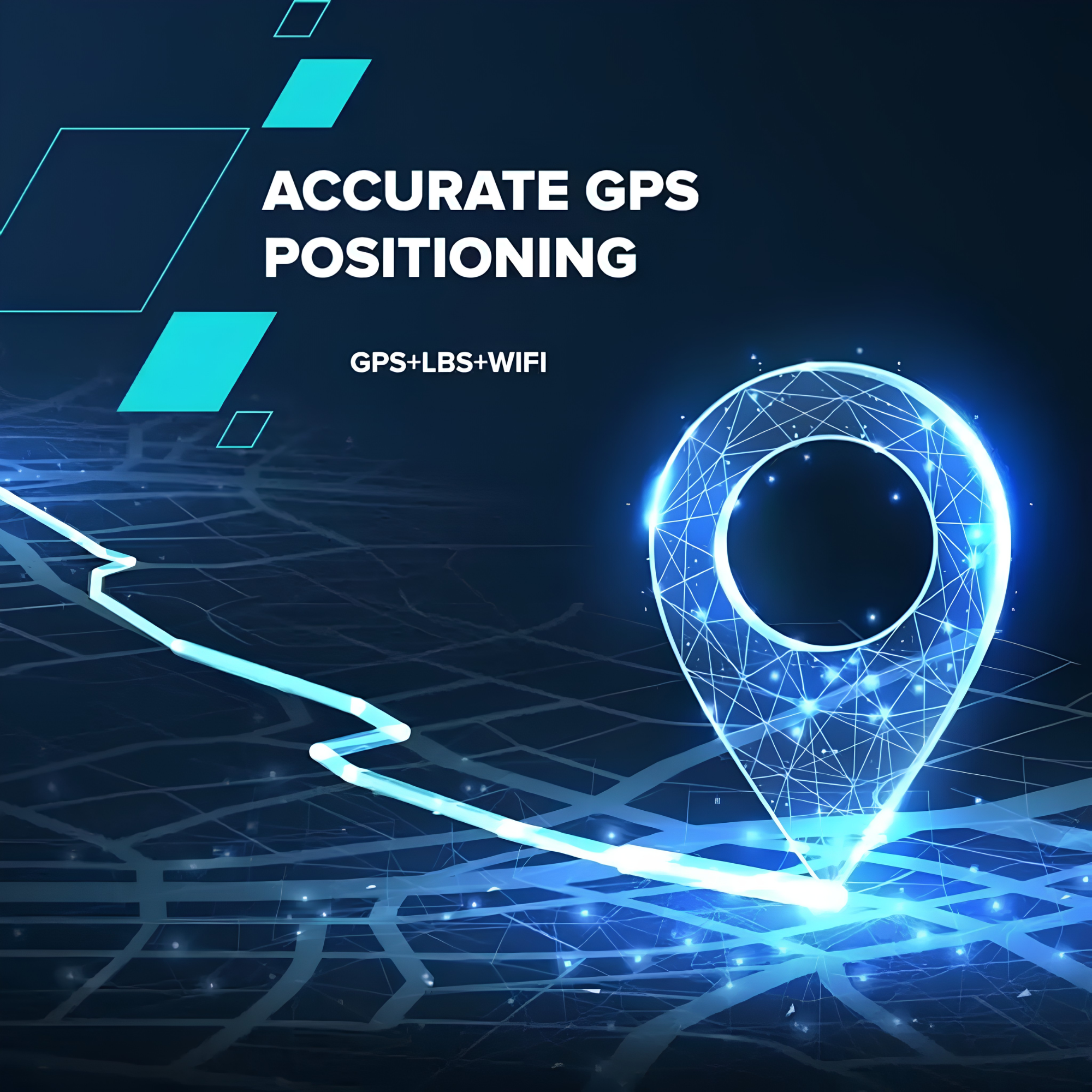 Mappa digitale blu con marcatore GPS luminoso e testo ACCURATE GPS POSITIONING.