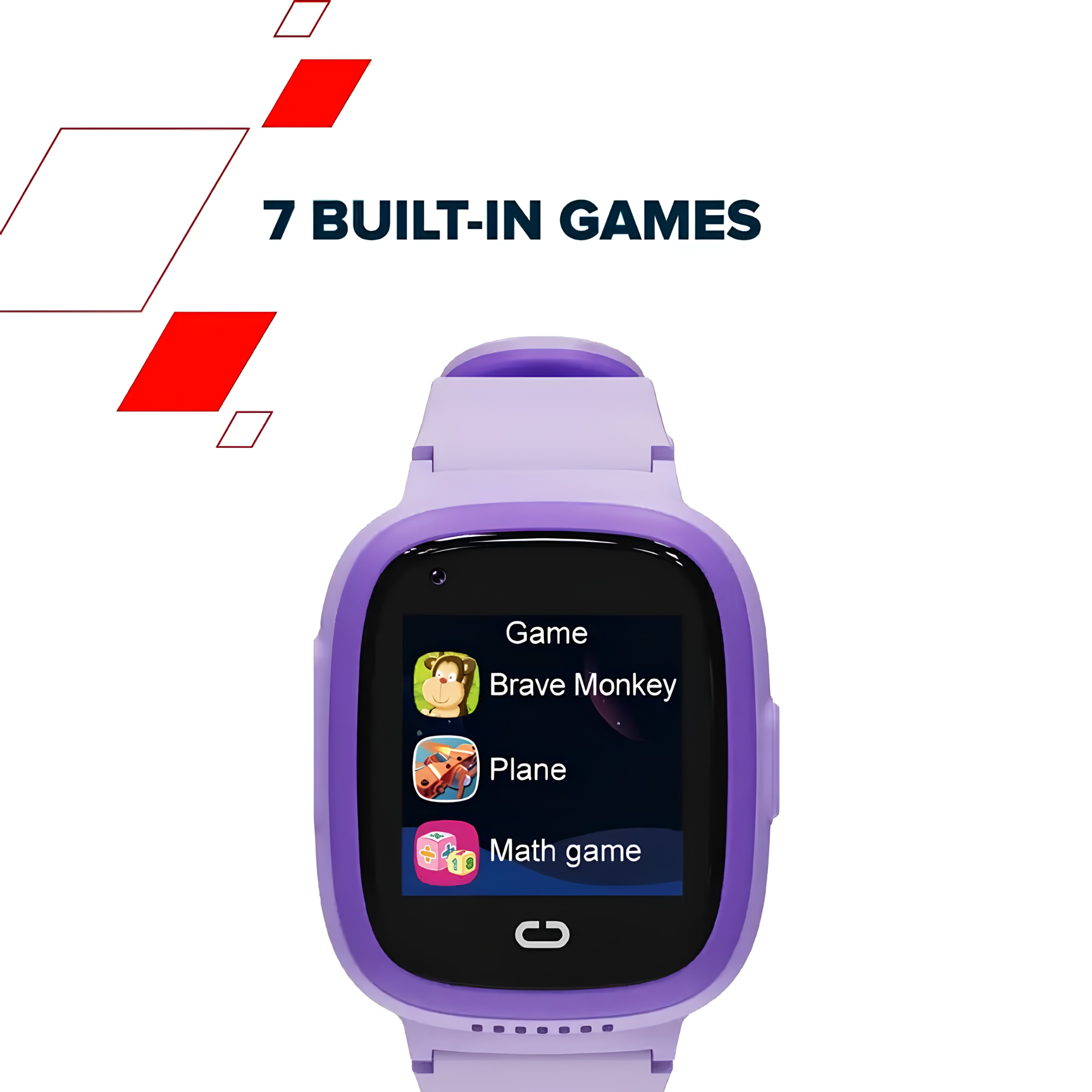 Smartwatch viola per bambini con menu di sette giochi integrati.