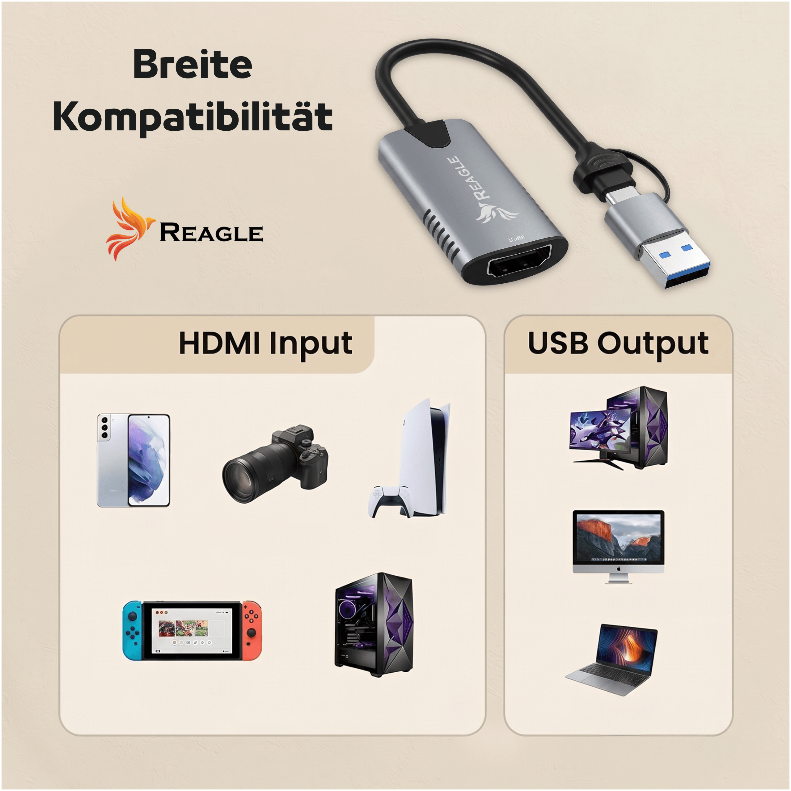 Adattatore da HDMI a USB Reagle con dispositivi compatibili.
