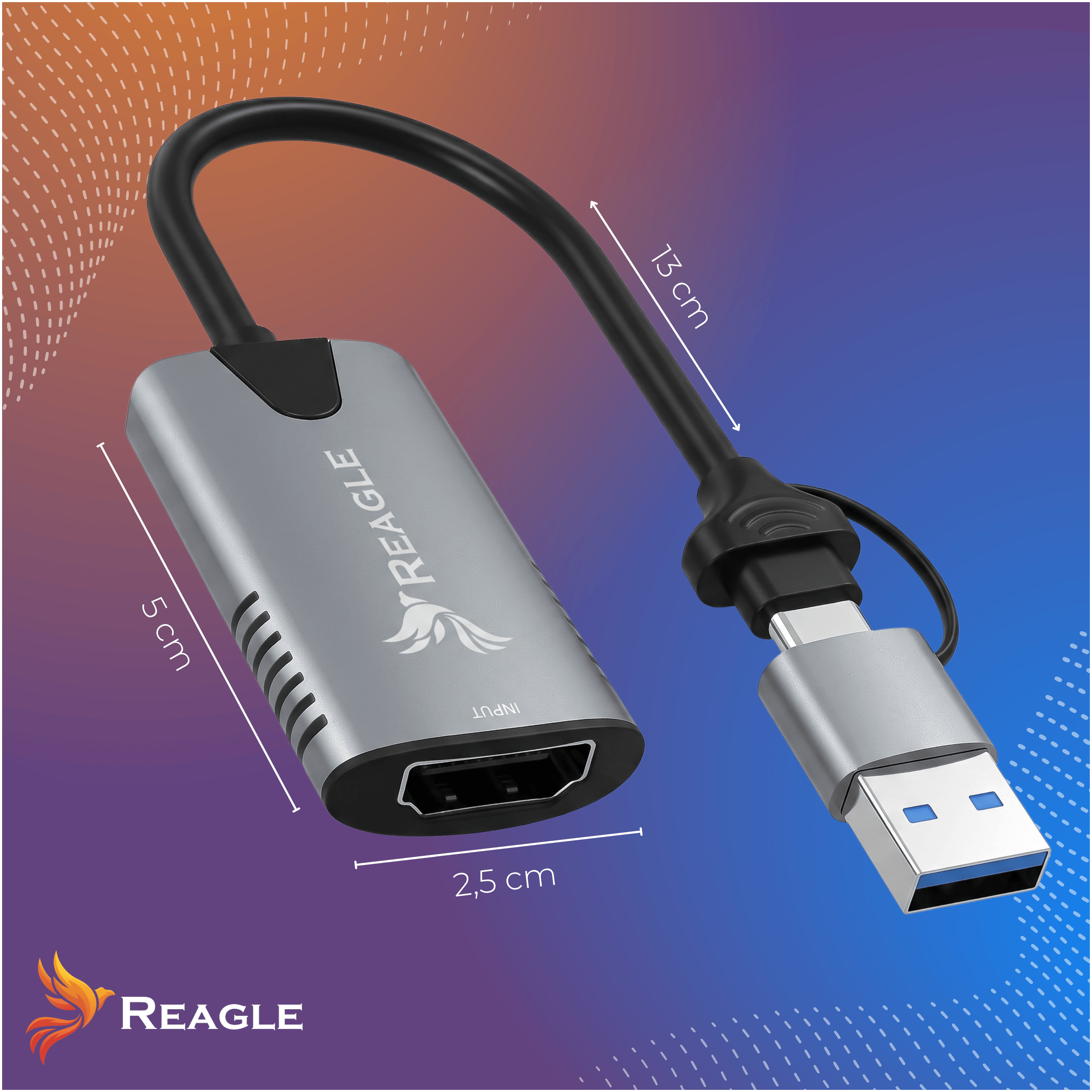 Adattatore HDMI-USB Reagle grigio con dimensioni di 5 cm di lunghezza, 2,5 cm di larghezza e 13 cm di cavo su sfondo blu e arancione.