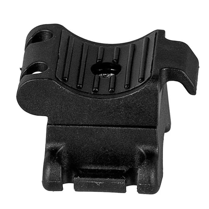 Un supporto per luce da bicicletta in plastica nera con morsetto scanalato e vite.