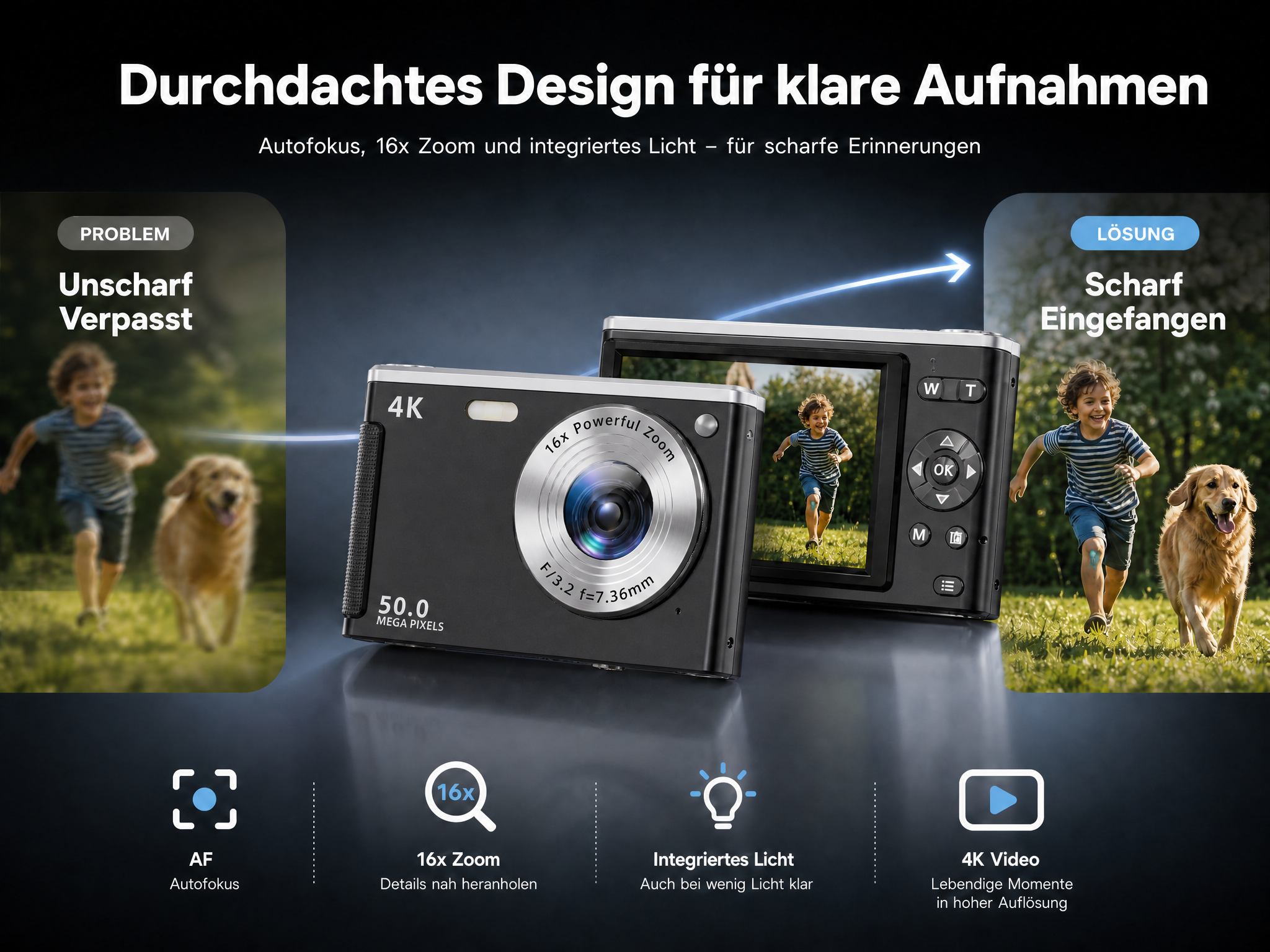 Digitalkamera mit 4K, 50 Megapixeln und 16x Zoom für klare Aufnahmen, verglichen mit verschwommenen Fotos.