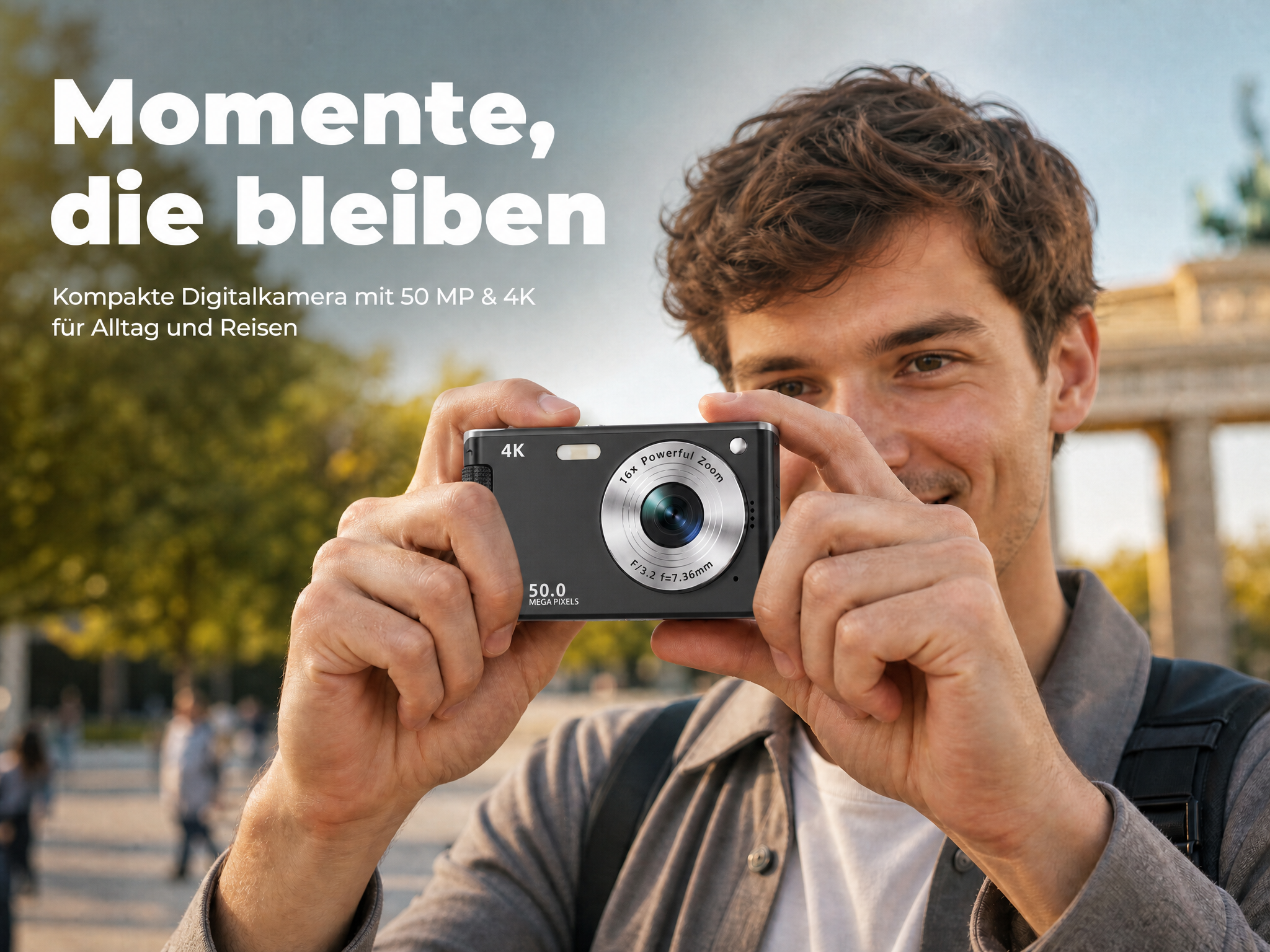 Mann hält eine kompakte Digitalkamera mit 50 MP und 4K, im Hintergrund ein historisches Gebäude.