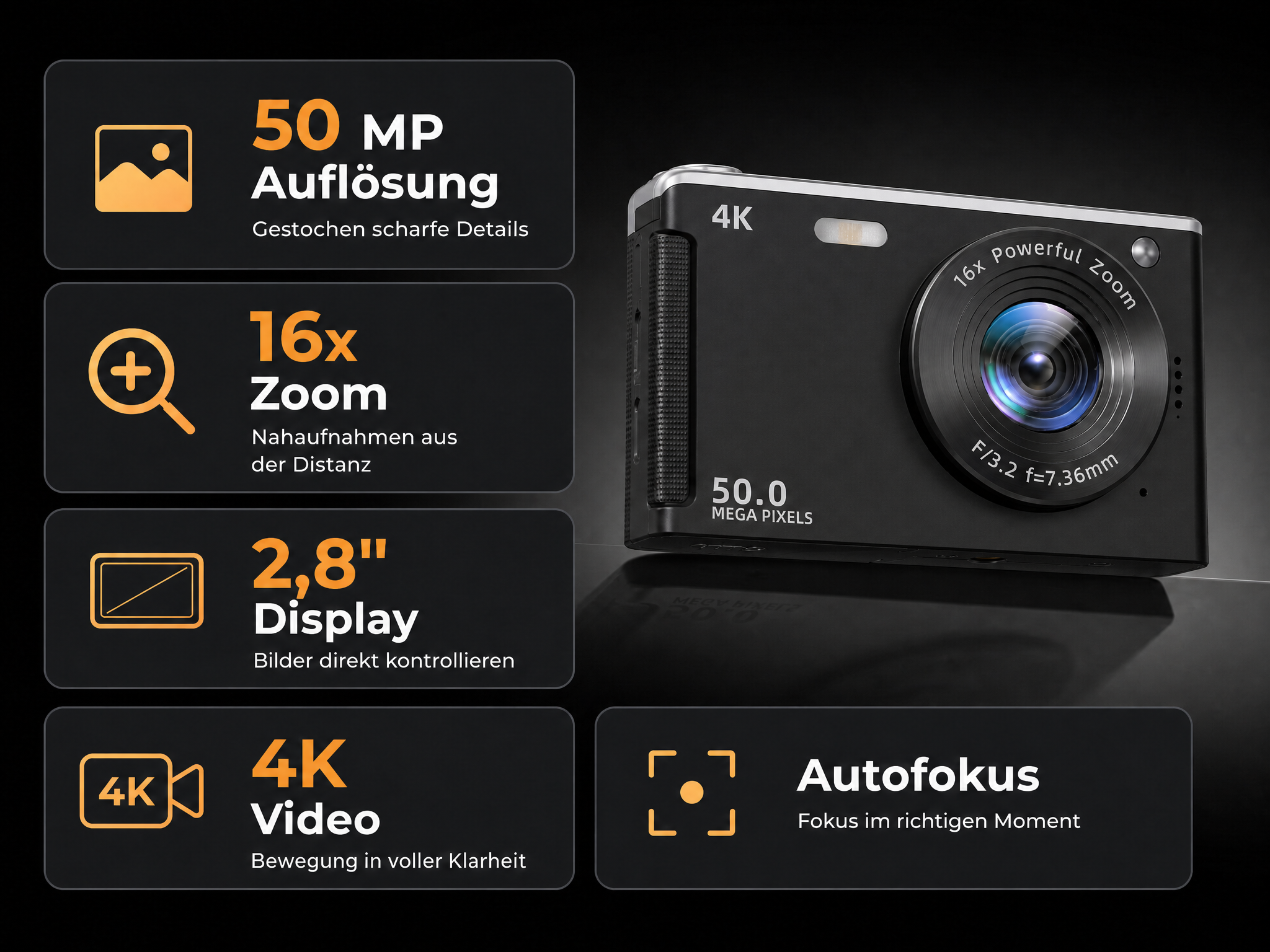 Eine schwarze Digitalkamera auf glänzender Oberfläche mit Funktions-Highlights wie 50MP, 16x Zoom und 4K Video.