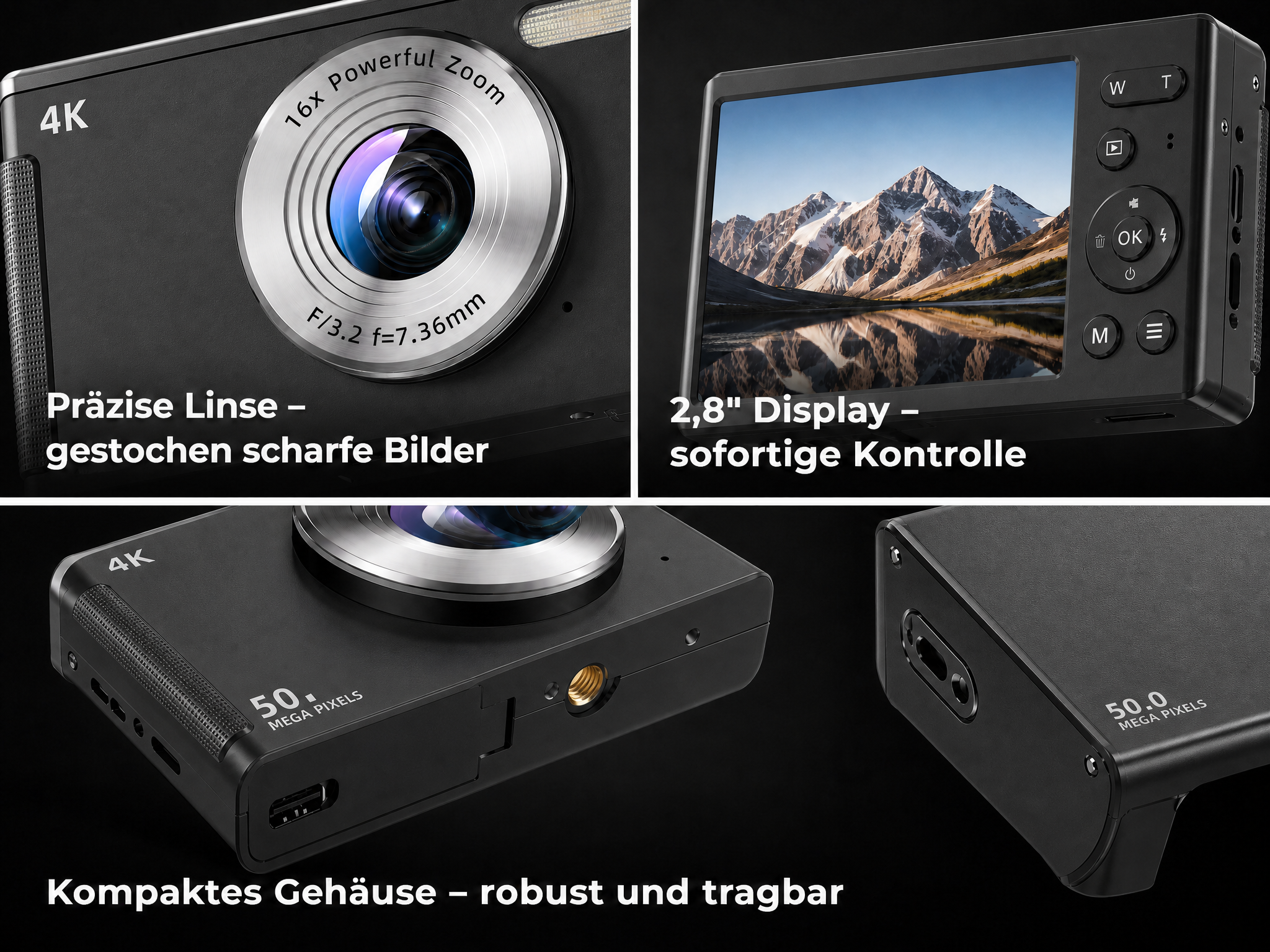Produktcollage einer schwarzen Digitalkamera mit Linse, Display, Gehäuse und technischen Details.