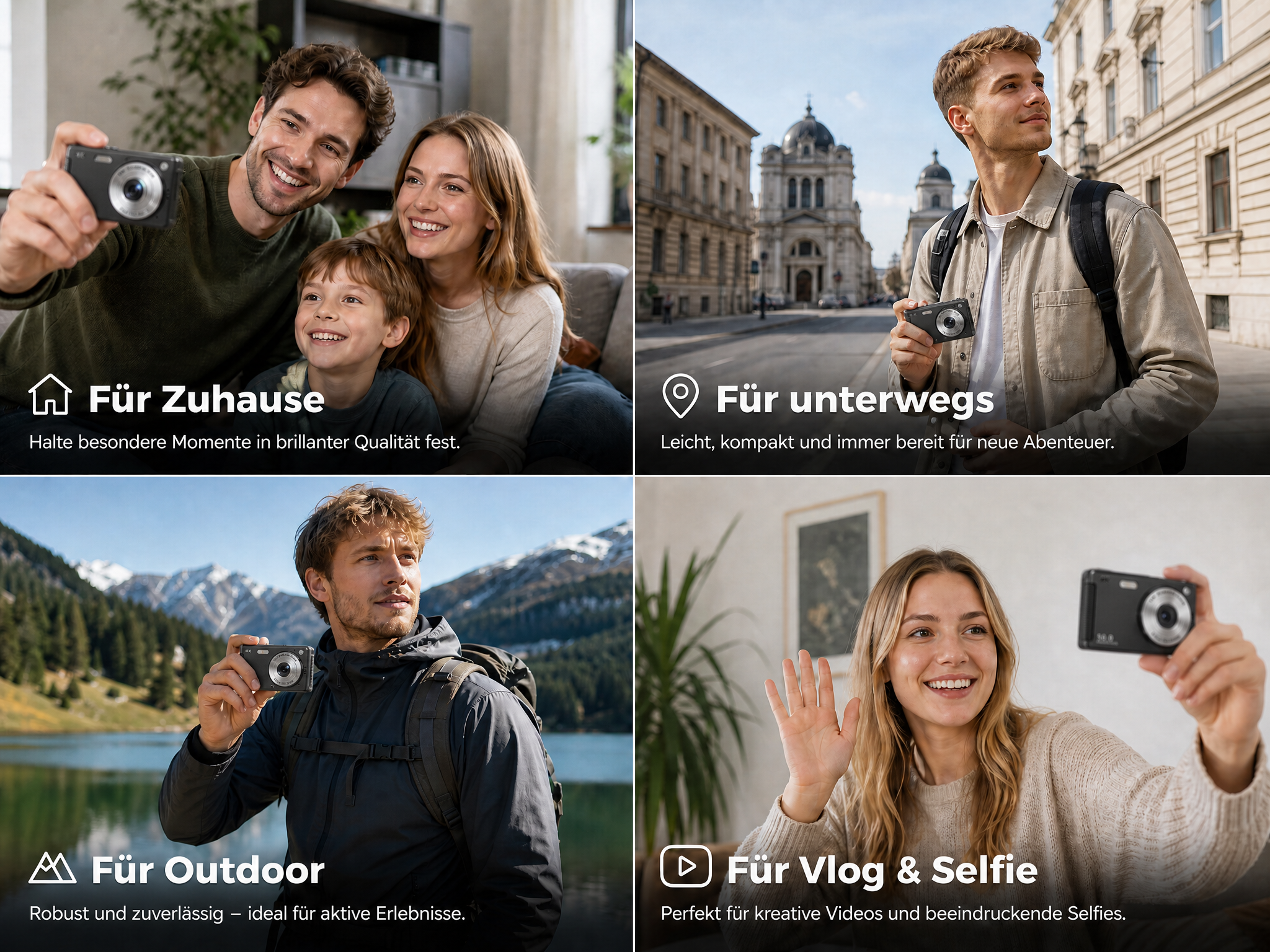 Vier Bilder zeigen Menschen mit kleinen Kameras zu Hause, in der Stadt, draußen in der Natur und beim Vlogging.