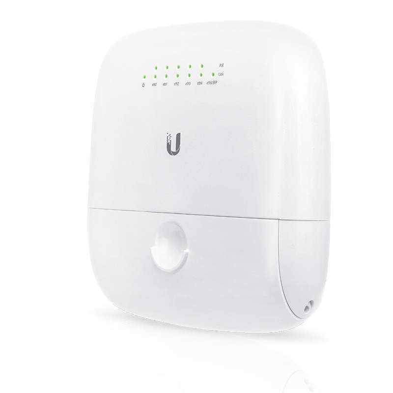 Białe urządzenie sieciowe Ubiquiti z zielonymi diodami LED na białym tle.