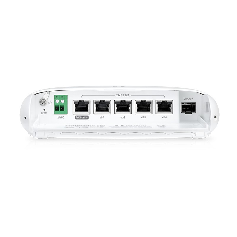 Biały router Ubiquiti EdgePoint pokazujący porty, przycisk resetowania i złącza zasilania na białym tle.