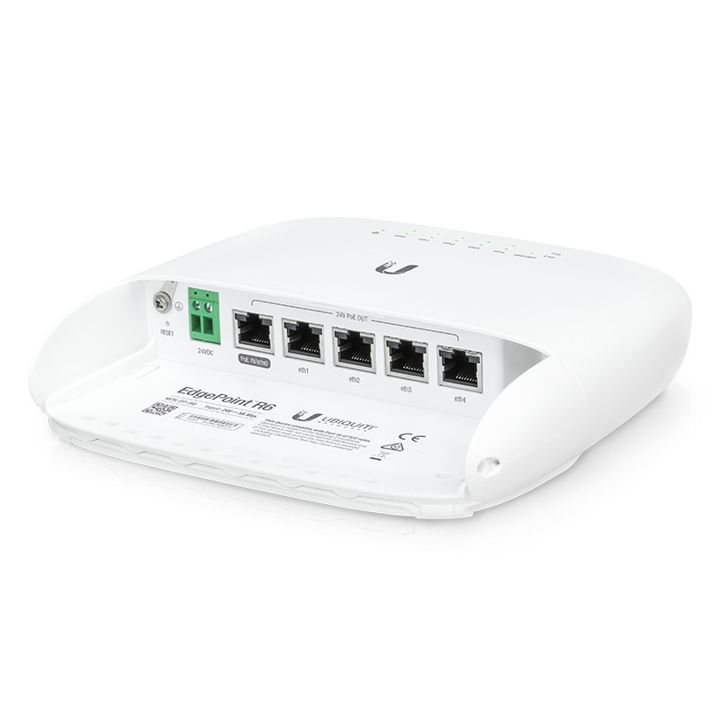 Biały router Ubiquiti EdgePoint R6 z portami ethernet i zasilania na białym tle.