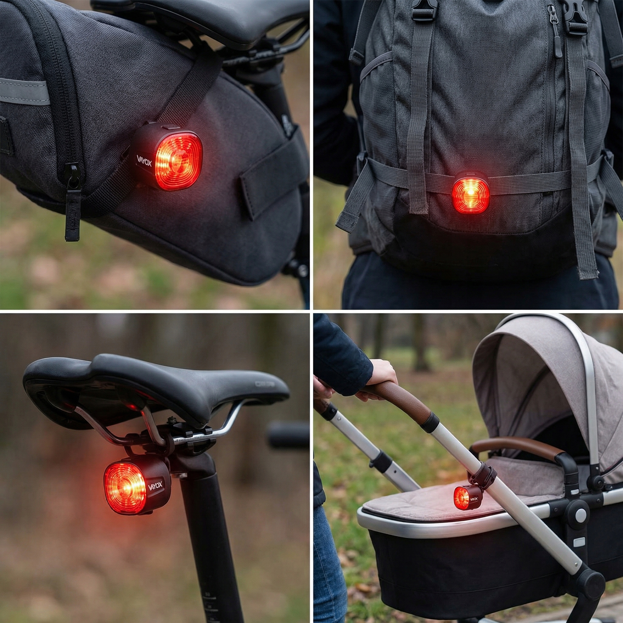 Vier Bilder zeigen ein rotes LED-Licht an einer Fahrradtasche, einem Rucksack, einem Fahrradsattel und einem Kinderwagen.