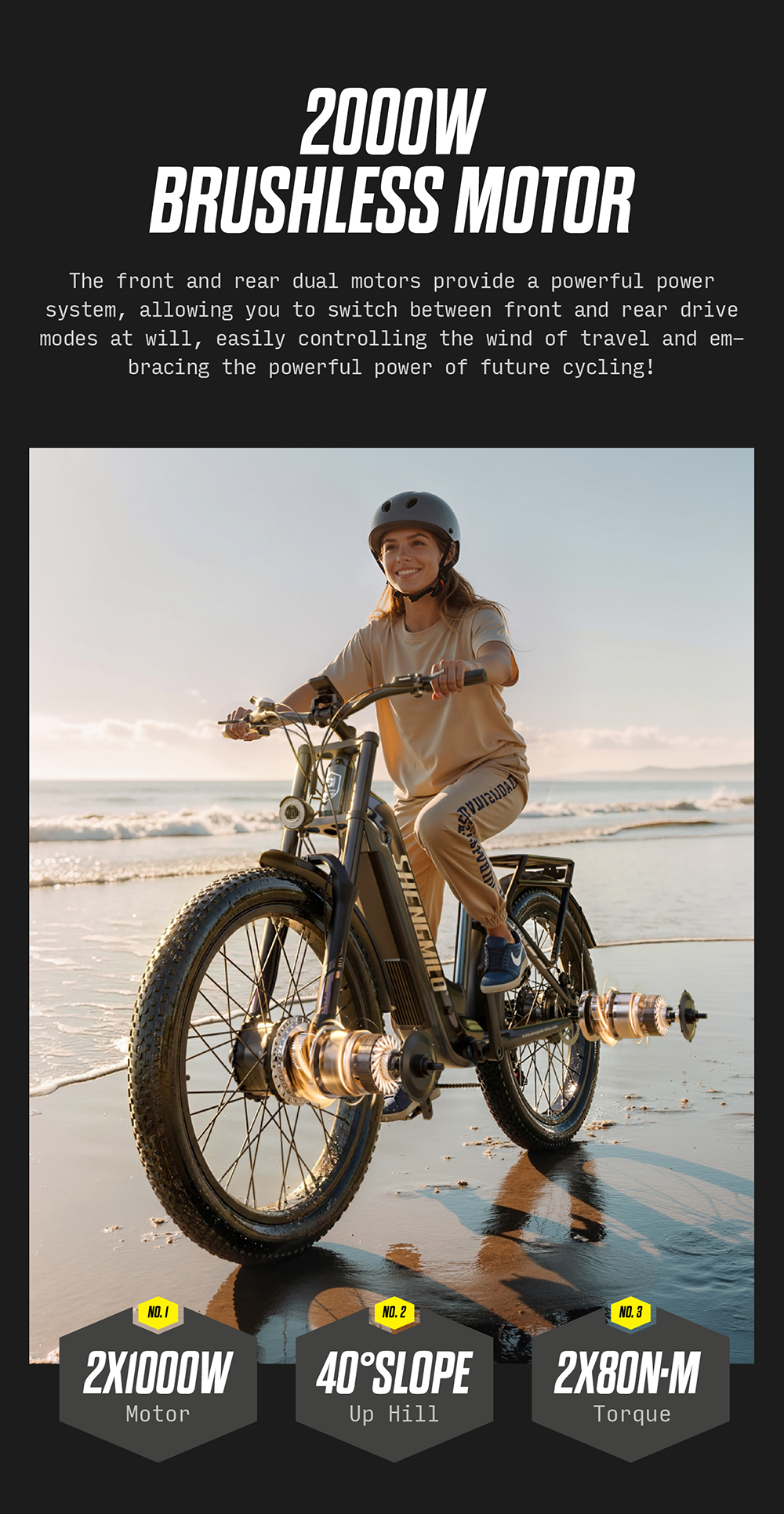 Una donna guida una fat bike elettrica su una spiaggia che si affaccia sull'oceano.