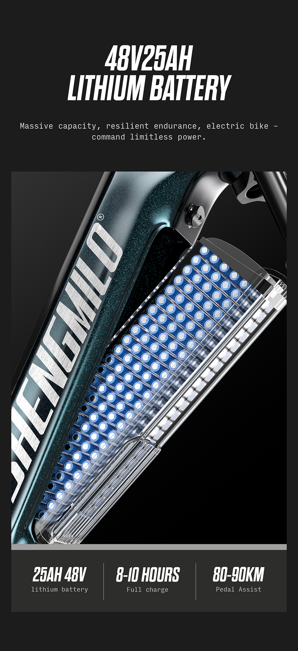 E-bike Shengmilo che mostra celle agli ioni di litio blu nel tubo obliquo.