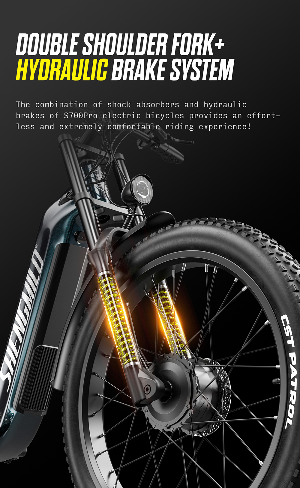 Primo piano della forcella di sospensione anteriore e della ruota di una e-bike su sfondo scuro.