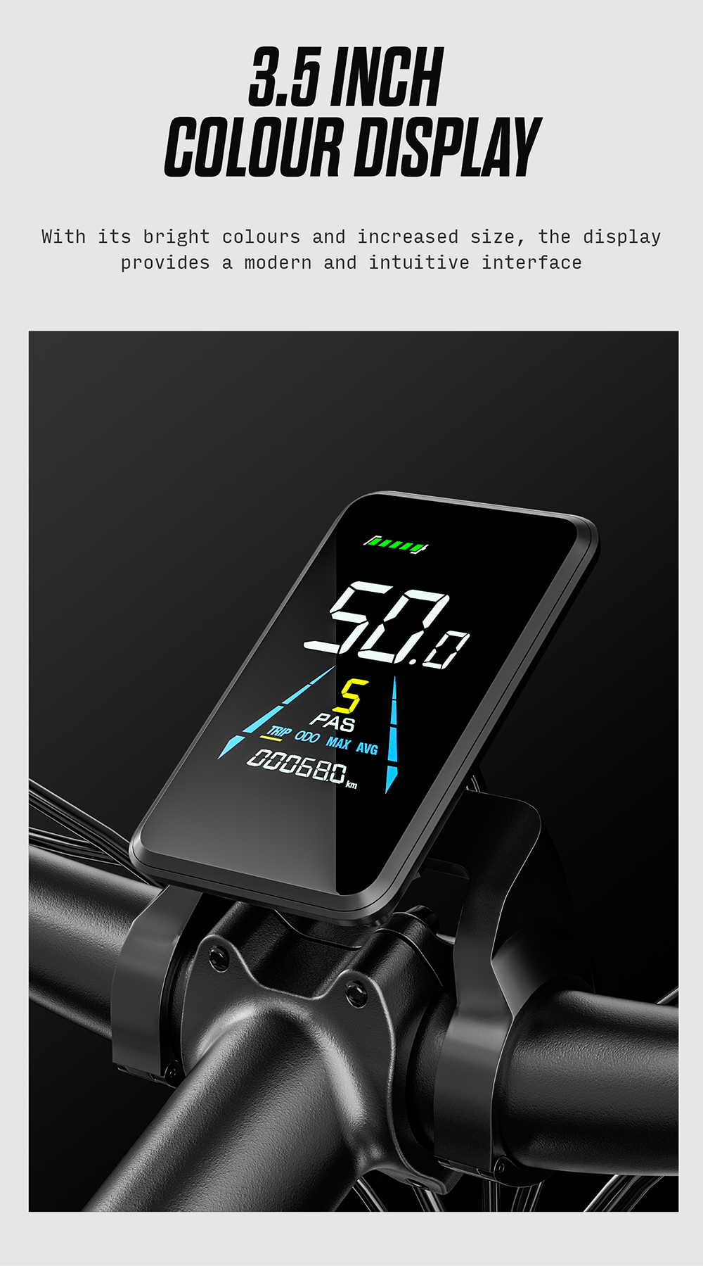Un display per bici da 3,5 pollici sul manubrio mostra velocità e livello della batteria.