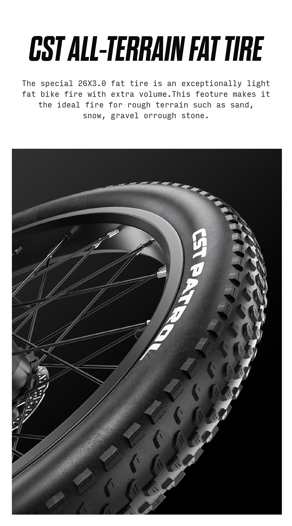 Uno pneumatico per bici fat CST all-terrain con battistrada spesso e raggi su sfondo scuro.