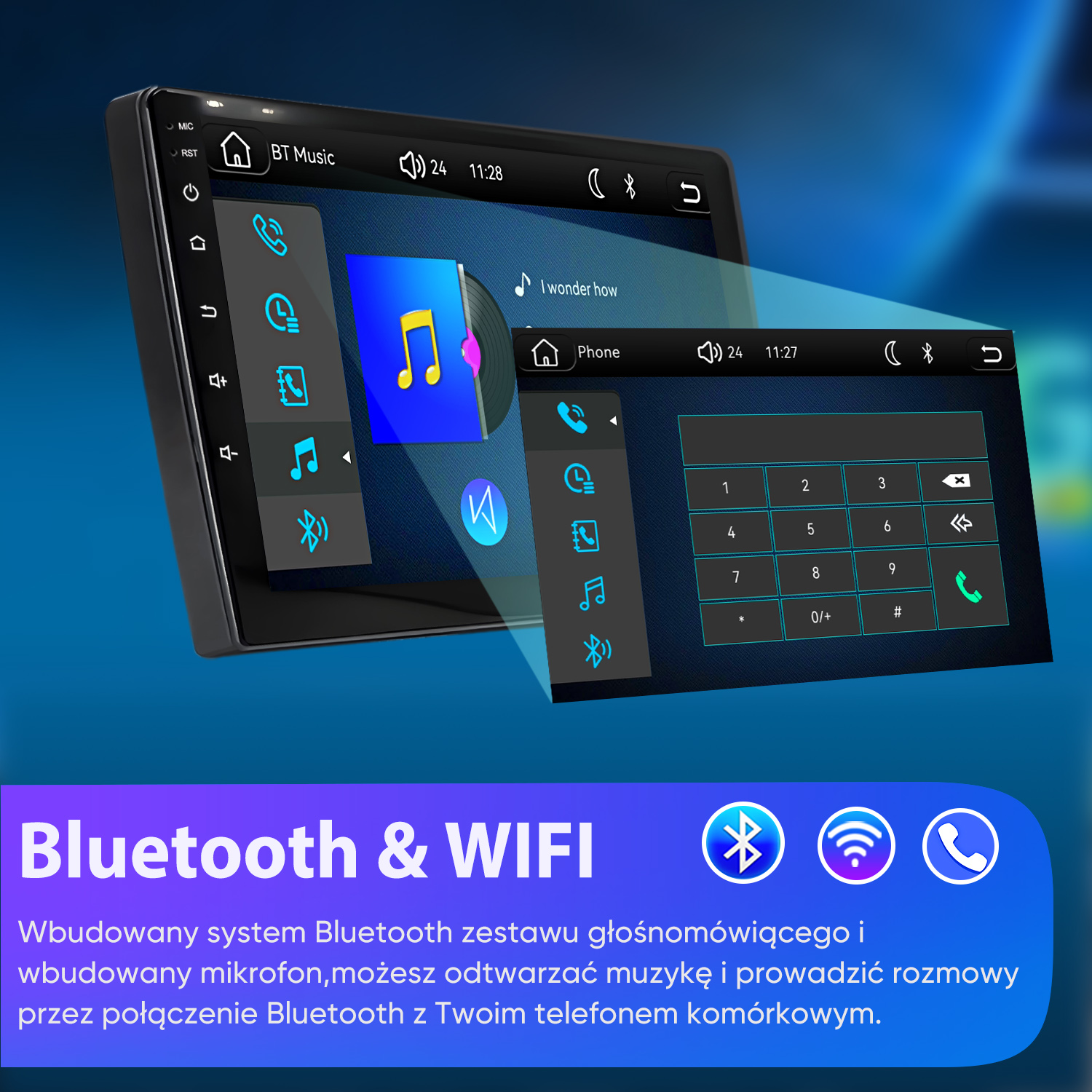 Samochodowy system multimedialny z ikonami Bluetooth i WiFi oraz klawiaturą numeryczną na ekranie.