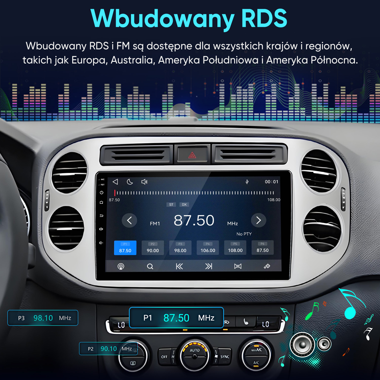 Deska rozdzielcza samochodu z cyfrowym wyświetlaczem pokazującym stację radiową FM na 87,50 MHz.