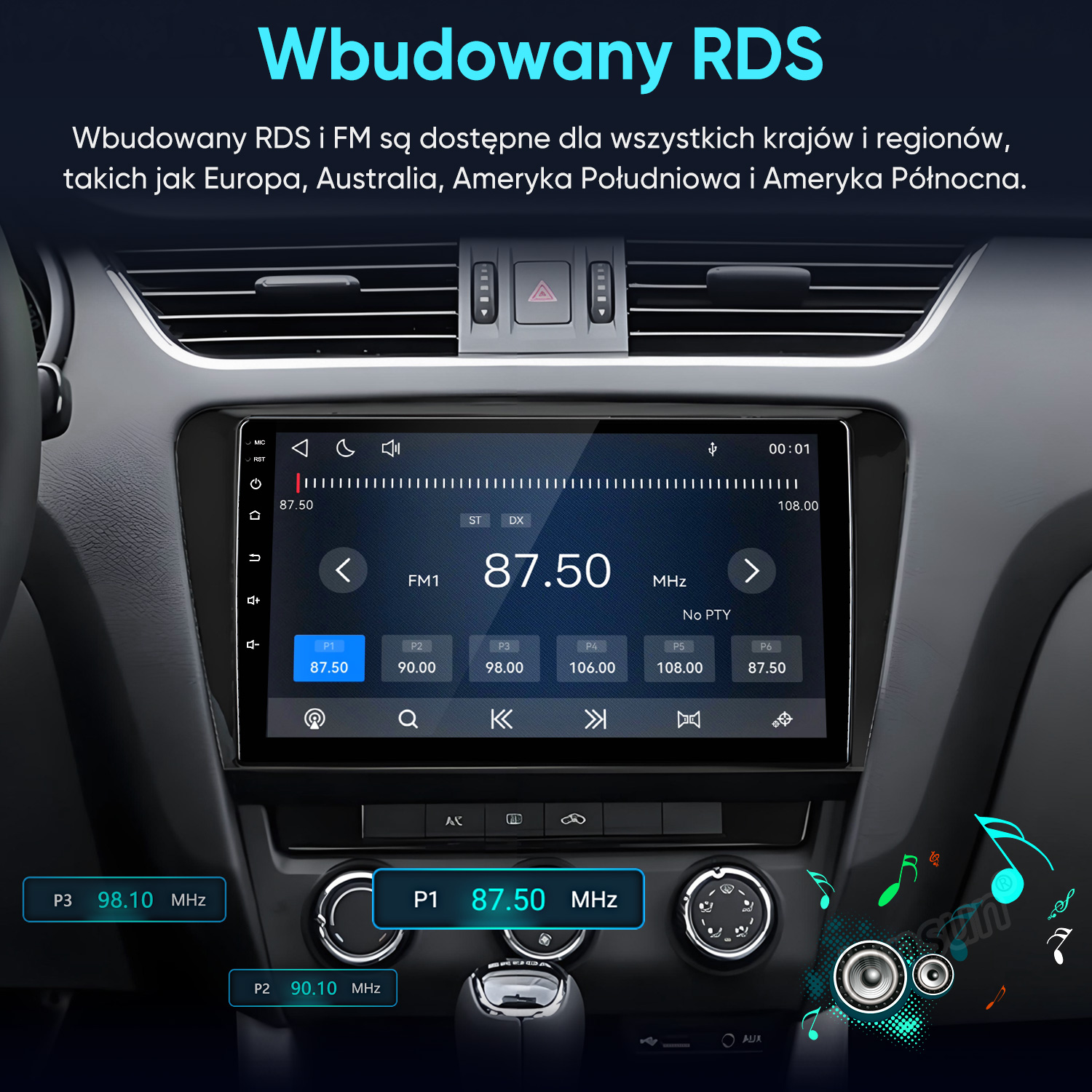 System audio w samochodzie pokazuje interfejs radia FM z 87.50 MHz i przyciskami.