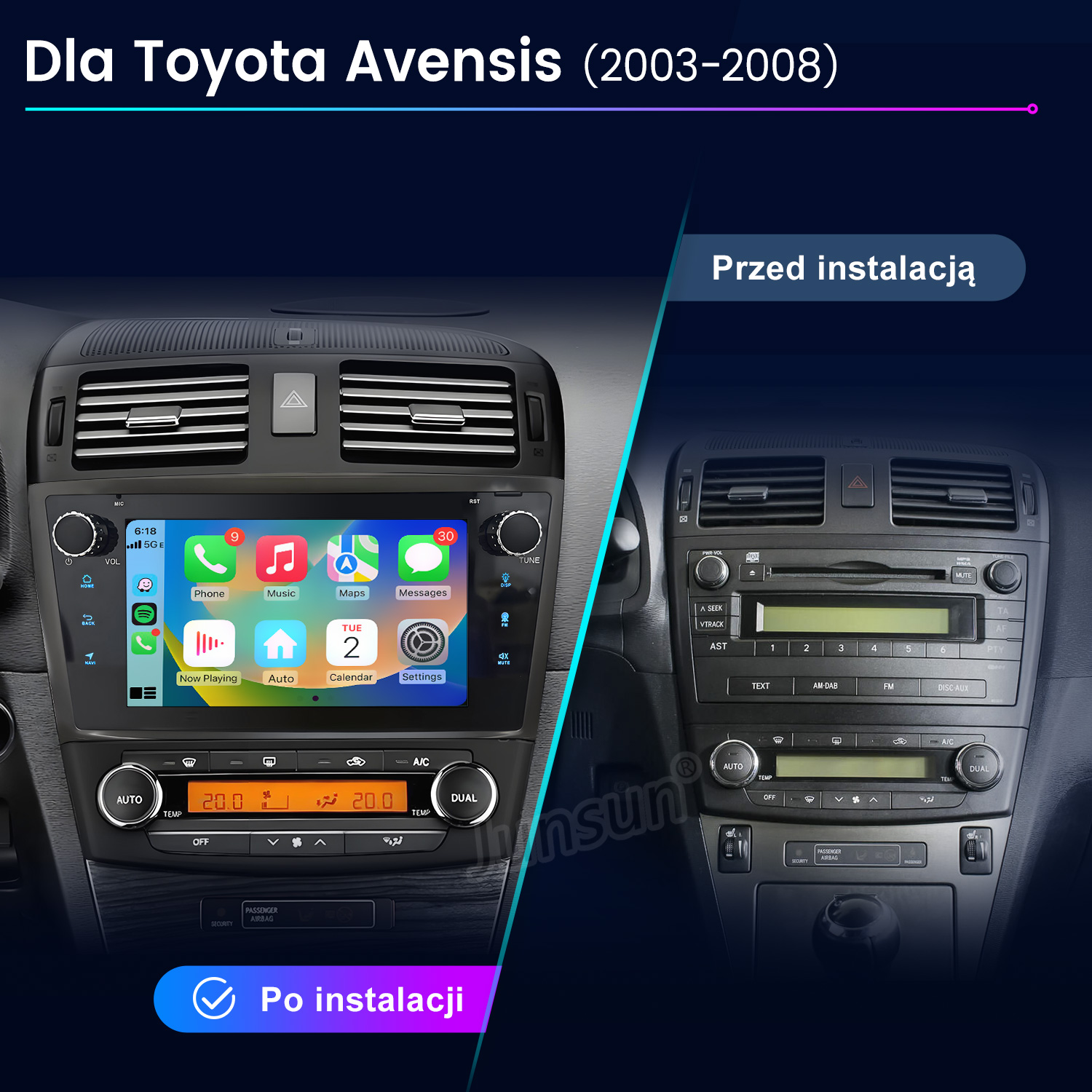 Porównanie deski rozdzielczej Toyoty Avensis 2003-2008 przed i po instalacji dotykowego systemu multimedialnego.