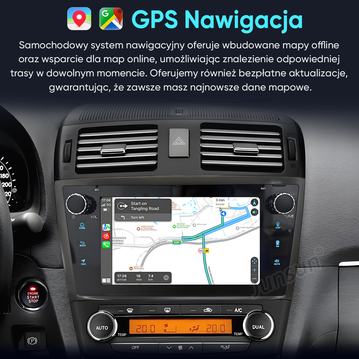 Samochodowy system nawigacyjny z ekranem dotykowym i mapą GPS na desce rozdzielczej.