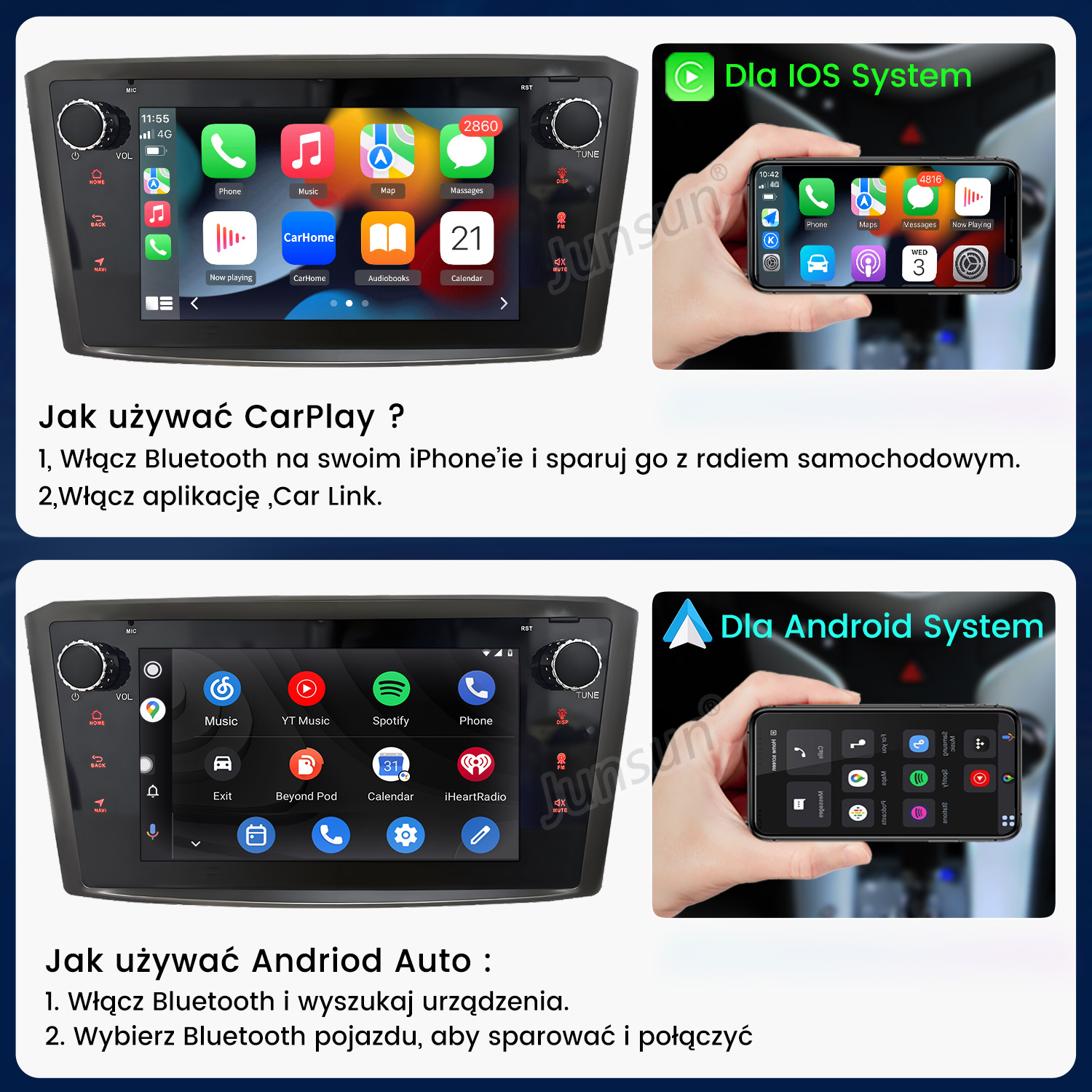 Instrukcja korzystania z CarPlay i Android Auto na radiu samochodowym z połączeniem ze smartfonem.