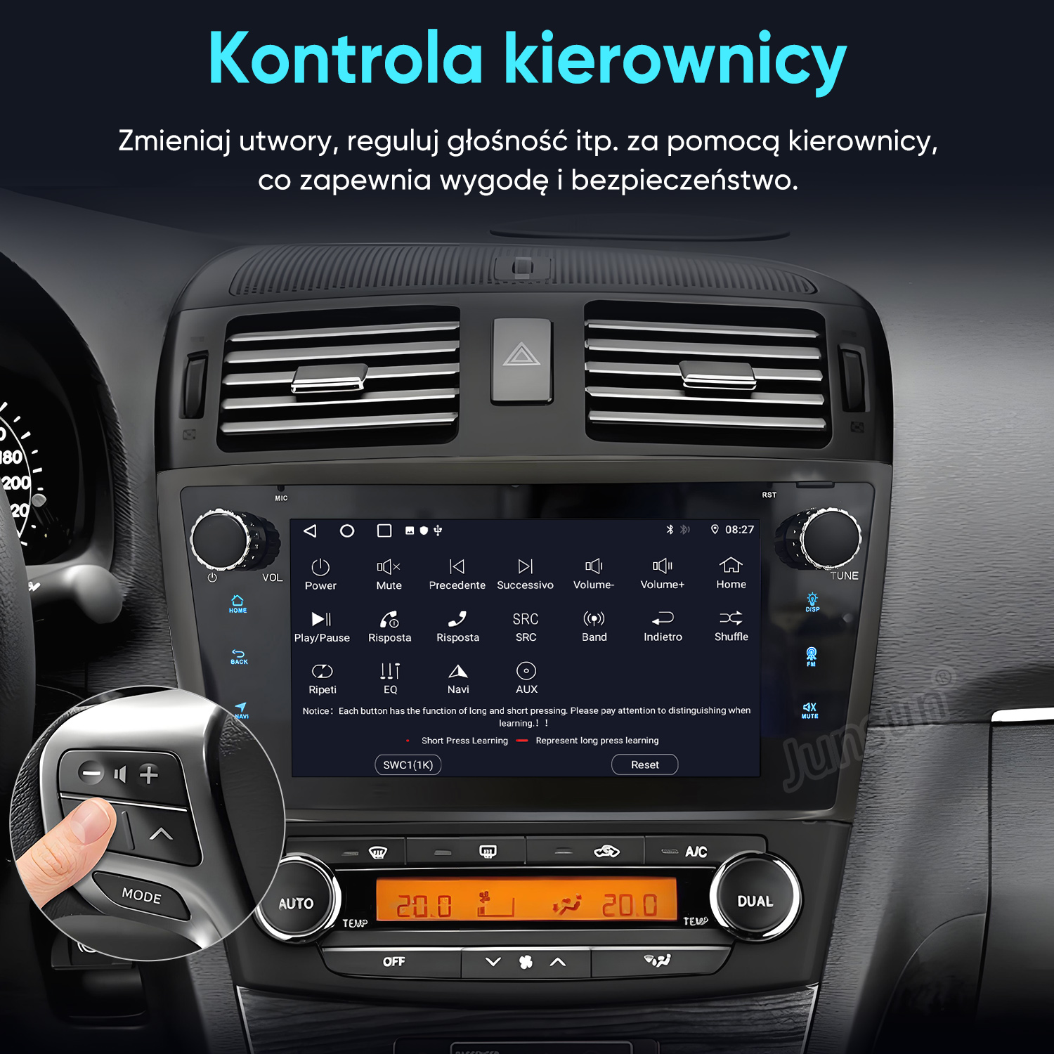 Wyświetlacz deski rozdzielczej samochodu z pilotem i klimatyzacją.